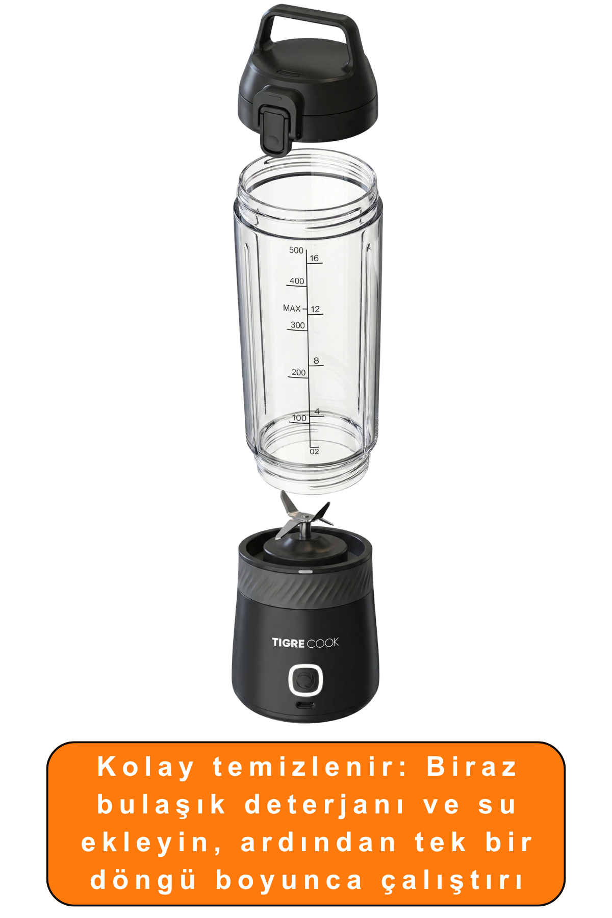 Siyah tabanlı, bıçaklı ve şeffaf kaplı taşınabilir blender.