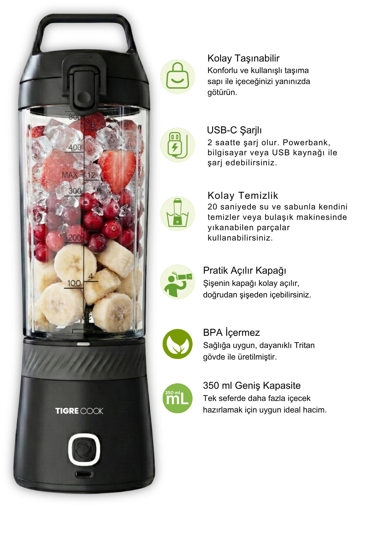 Meyve, buz ve kablolu taşınabilir blender. BPA'sız, USB-C, kolay temizlenir.