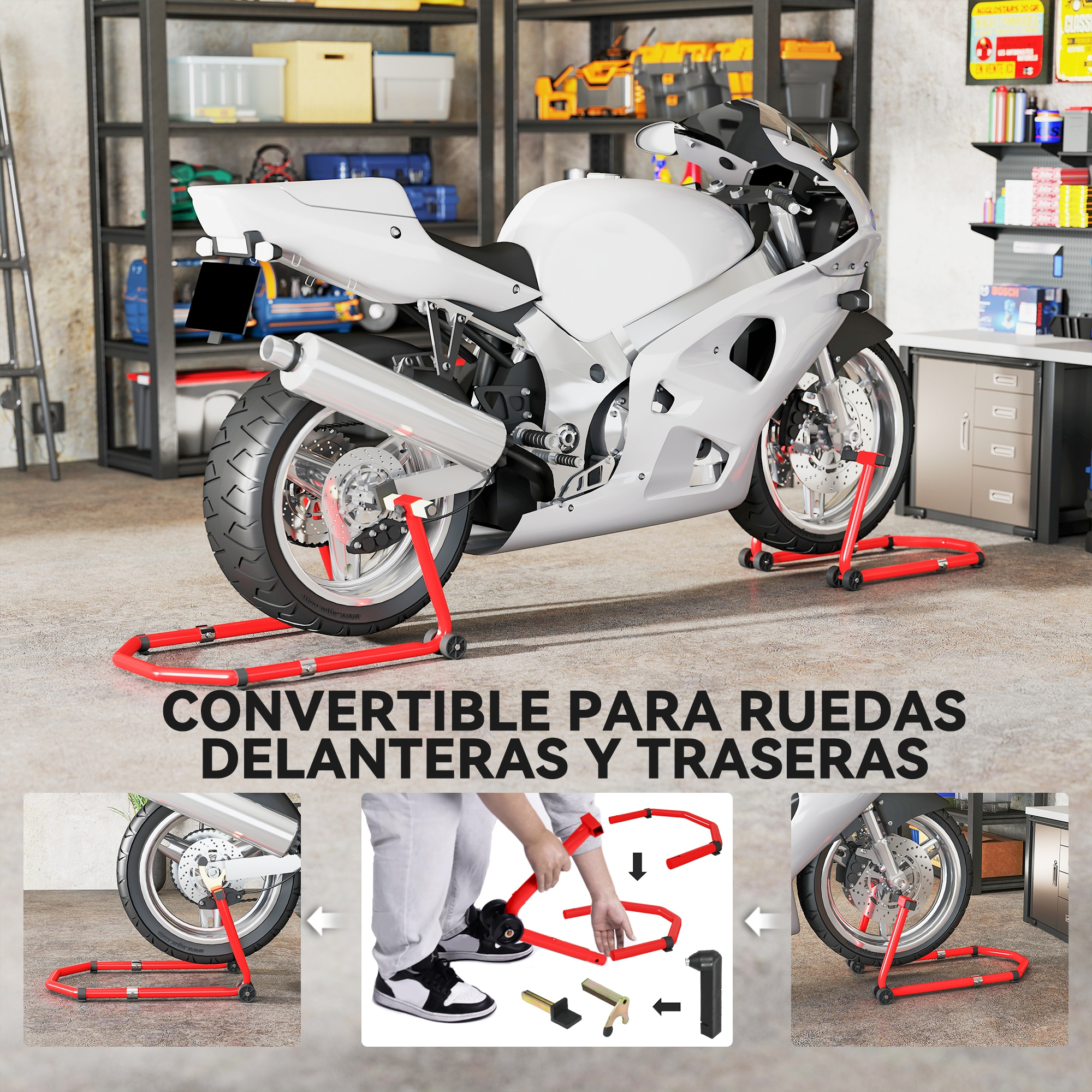 Una motocicleta blanca está sobre soportes rojo y negro en un garaje.
