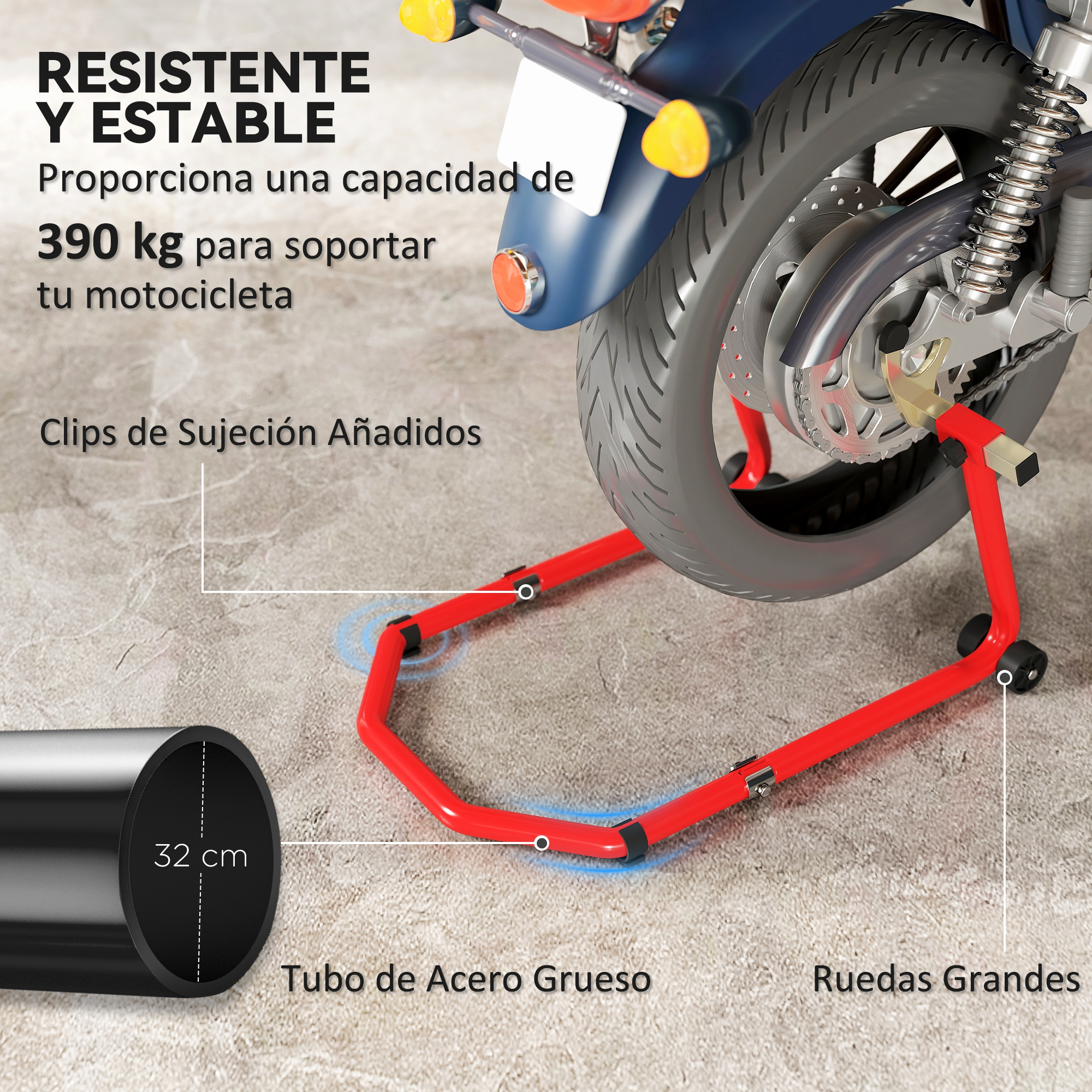 Soporte para motocicleta de 390 kg, tubo de acero grueso y ruedas grandes.