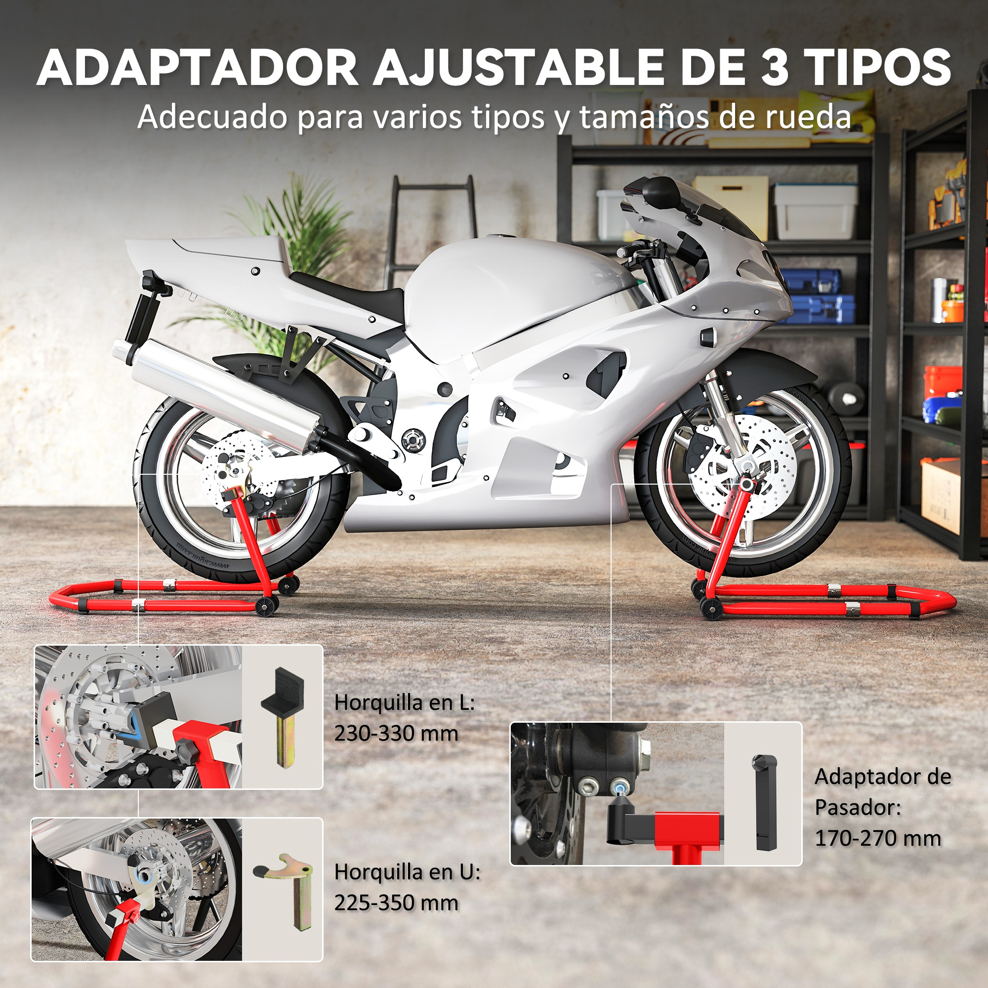 Motocicleta blanca sobre soportes rojos en un garaje con estantes.