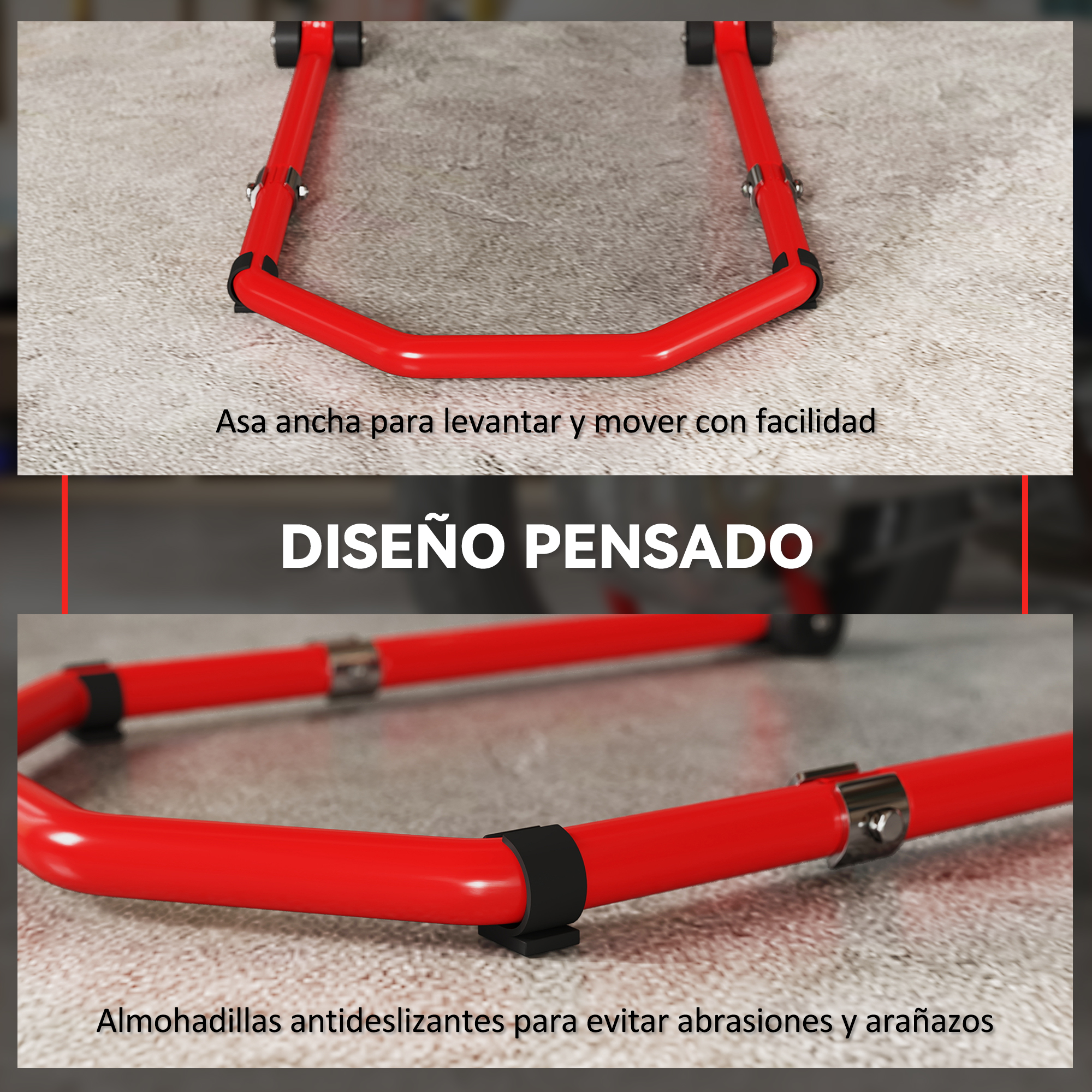 Soporte rojo para motocicleta con asa ancha y almohadillas.