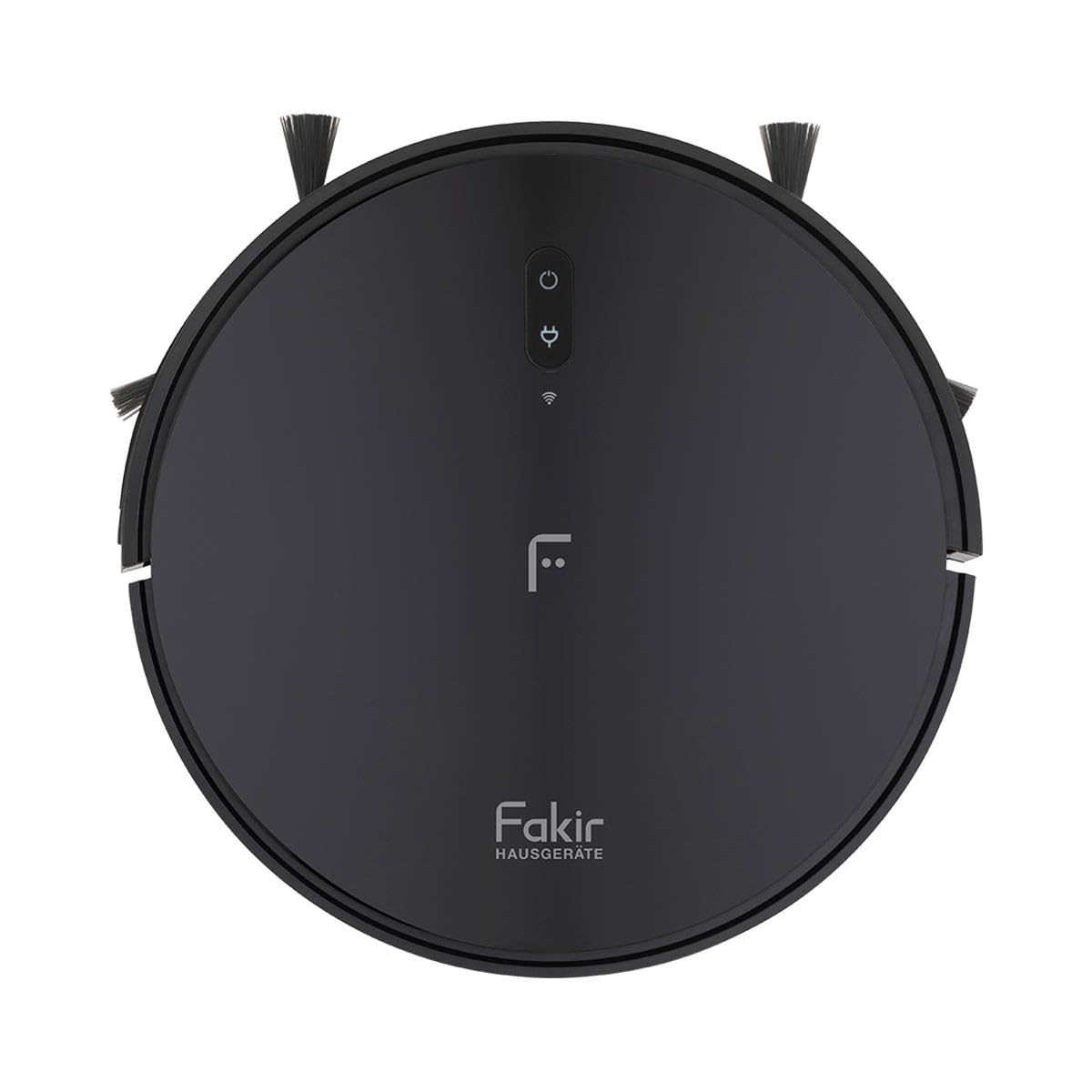 Fakir logolu siyah robot süpürge, beyaz zeminde fırçalarıyla.
