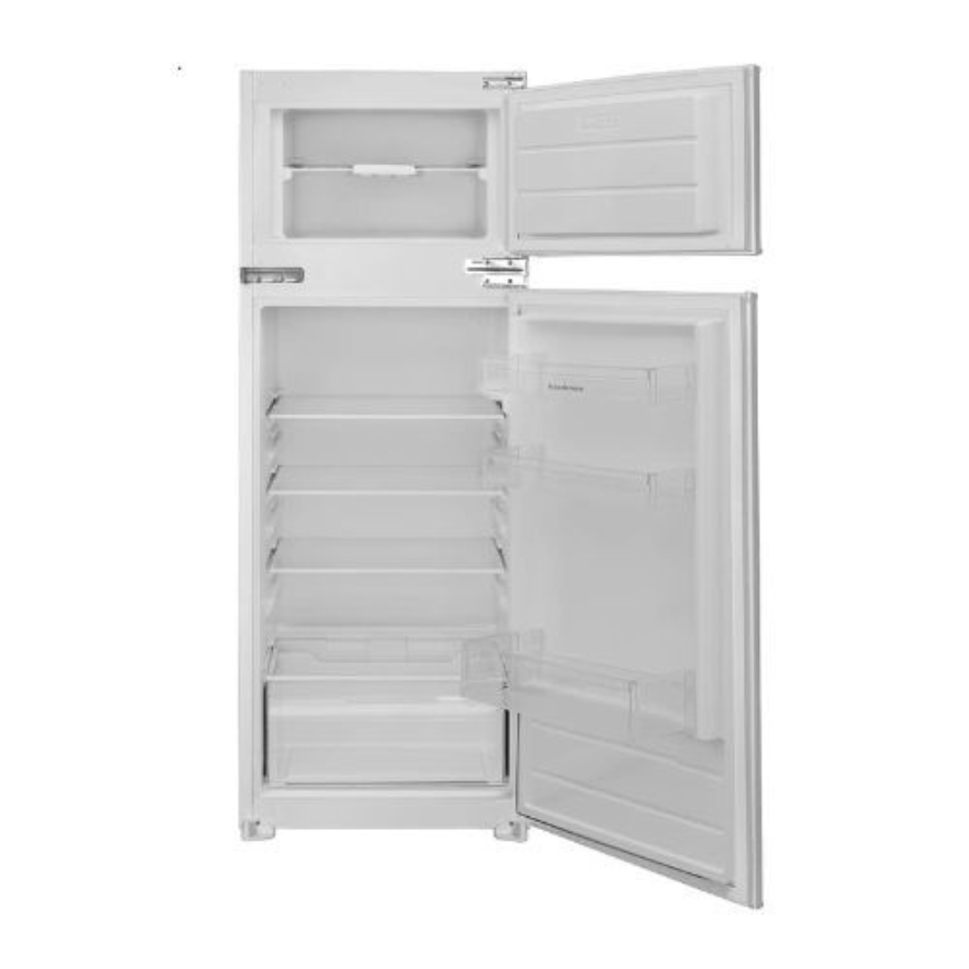 Un frigorifero bianco con la porta del congelatore superiore e la porta principale aperte.