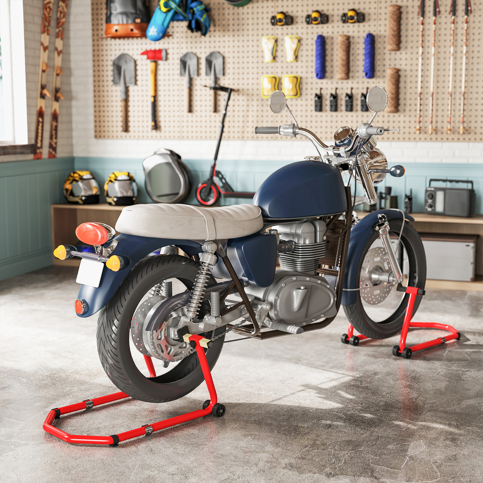 Una motocicleta azul oscuro sobre un soporte en un garaje con herramientas en la pared.