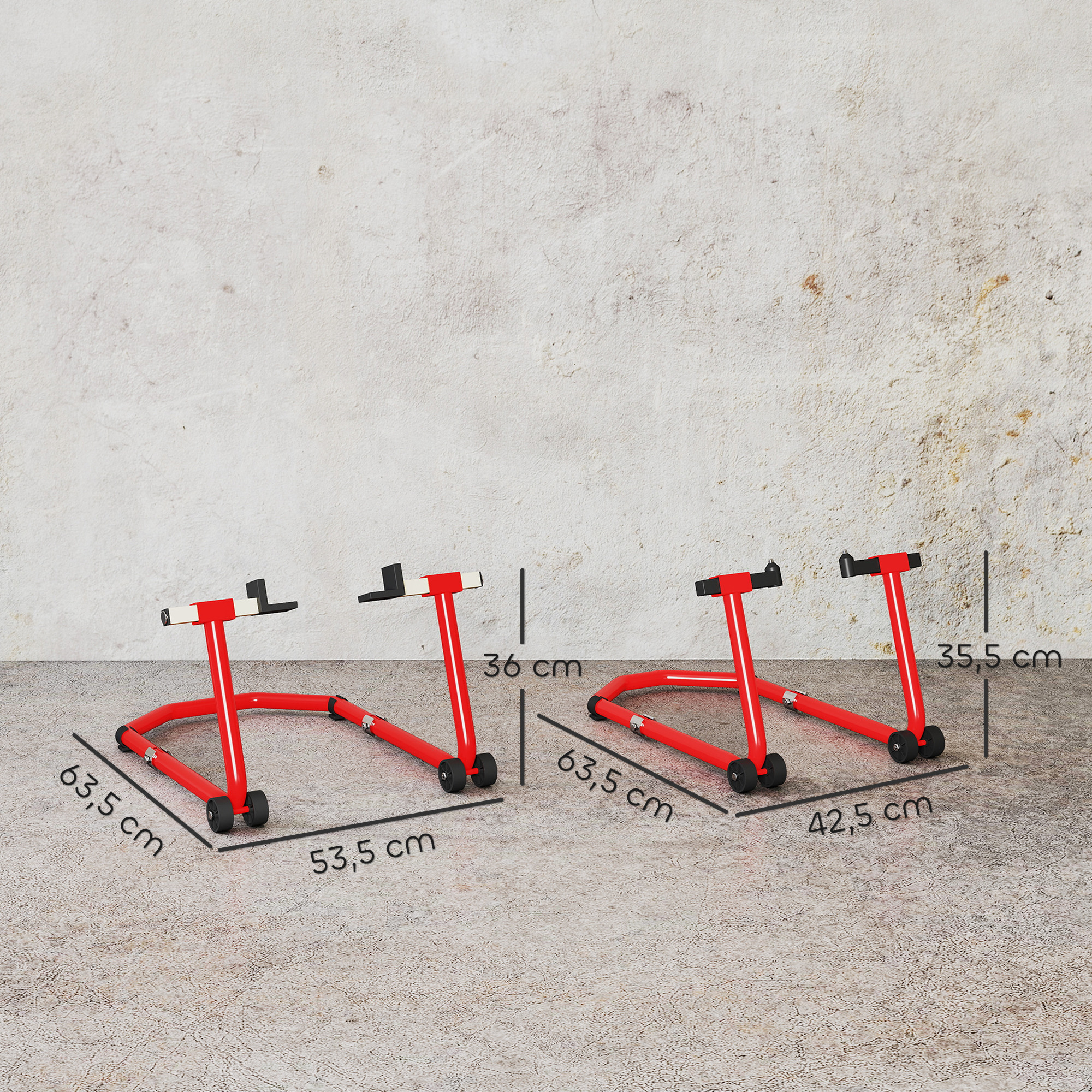 Dos soportes rojos para motocicleta en suelo de hormigón. Dimensiones marcadas.