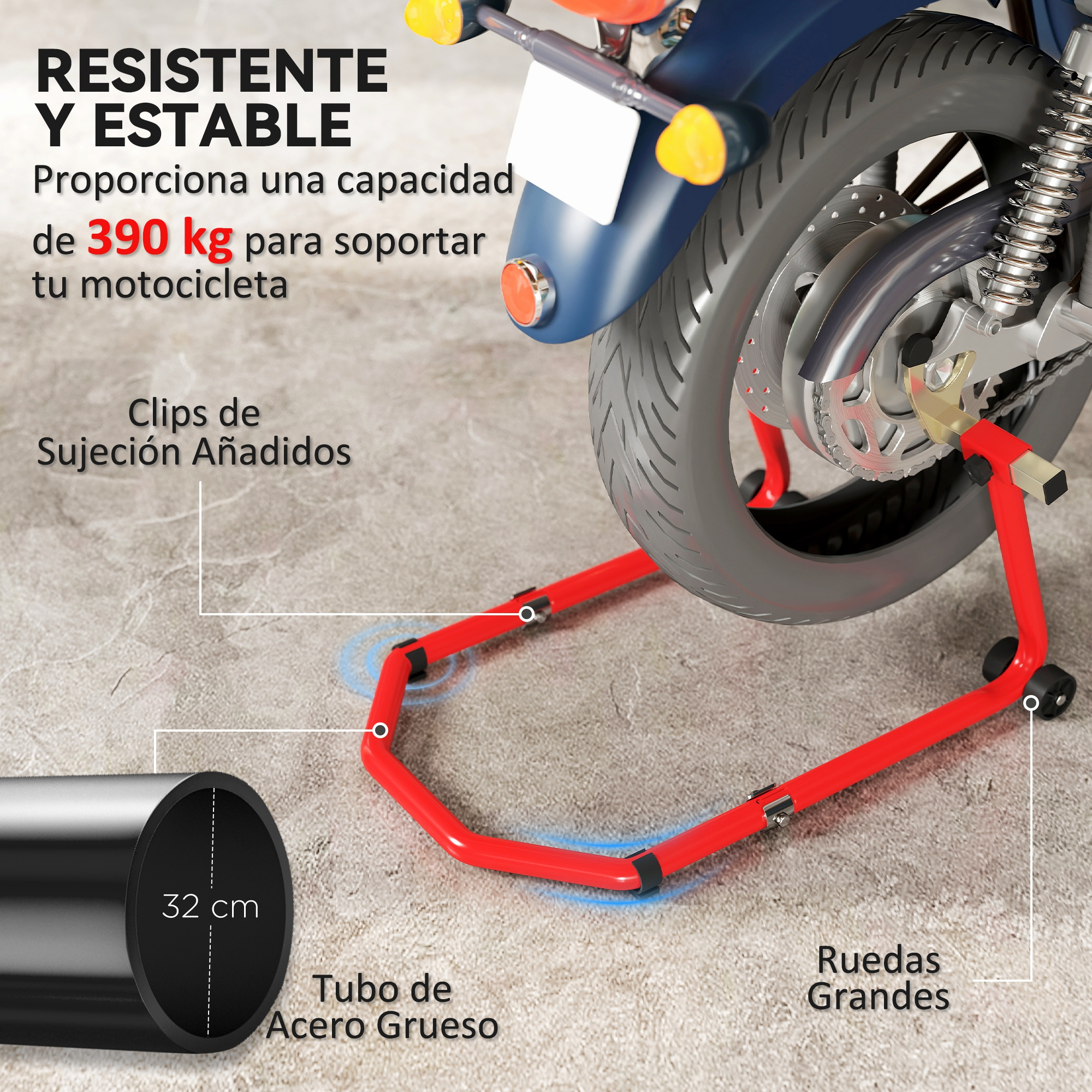 Soporte para moto de acero. Robusto y estable. Capacidad 390 kg.