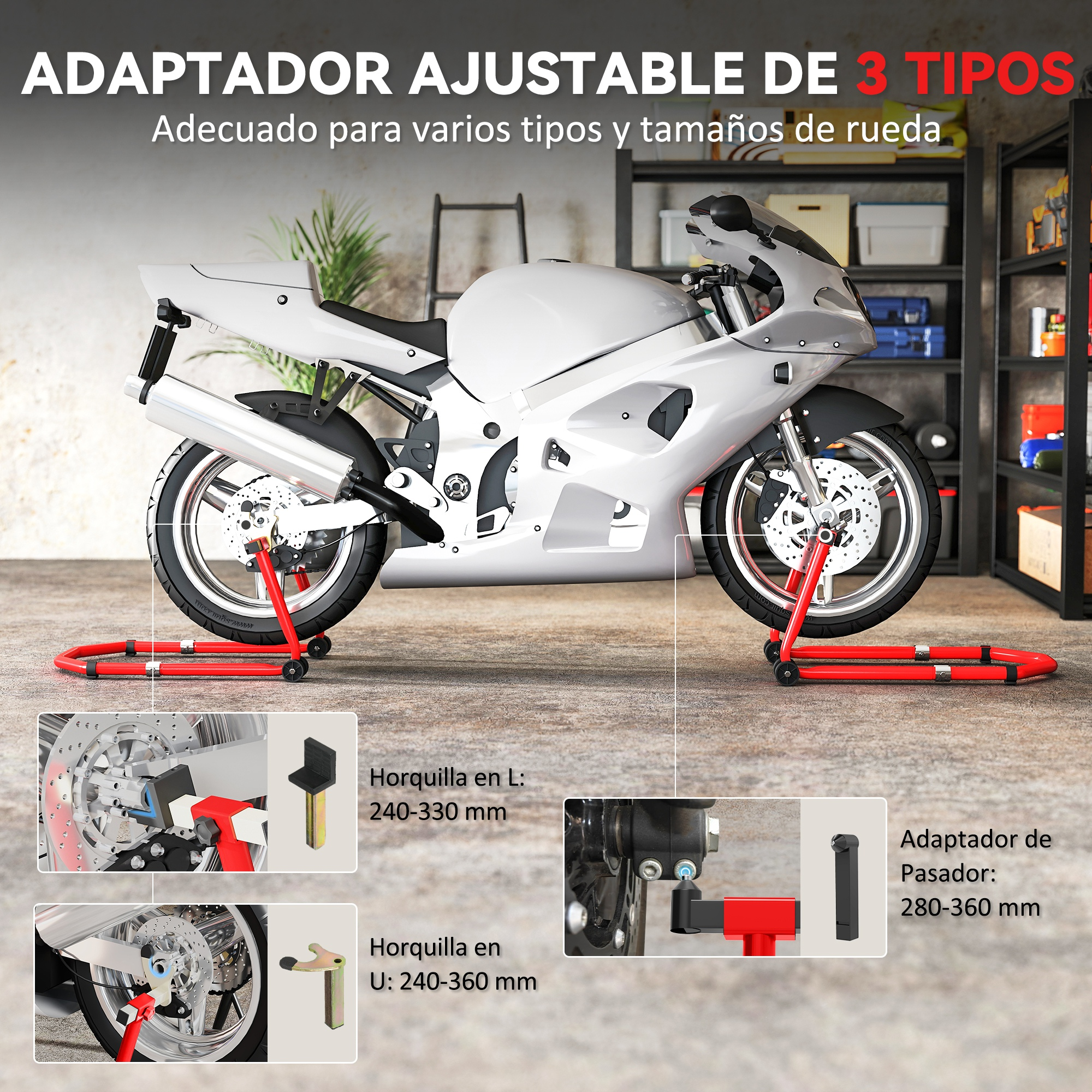 Una motocicleta blanca está en un soporte rojo en un garaje con estantes.