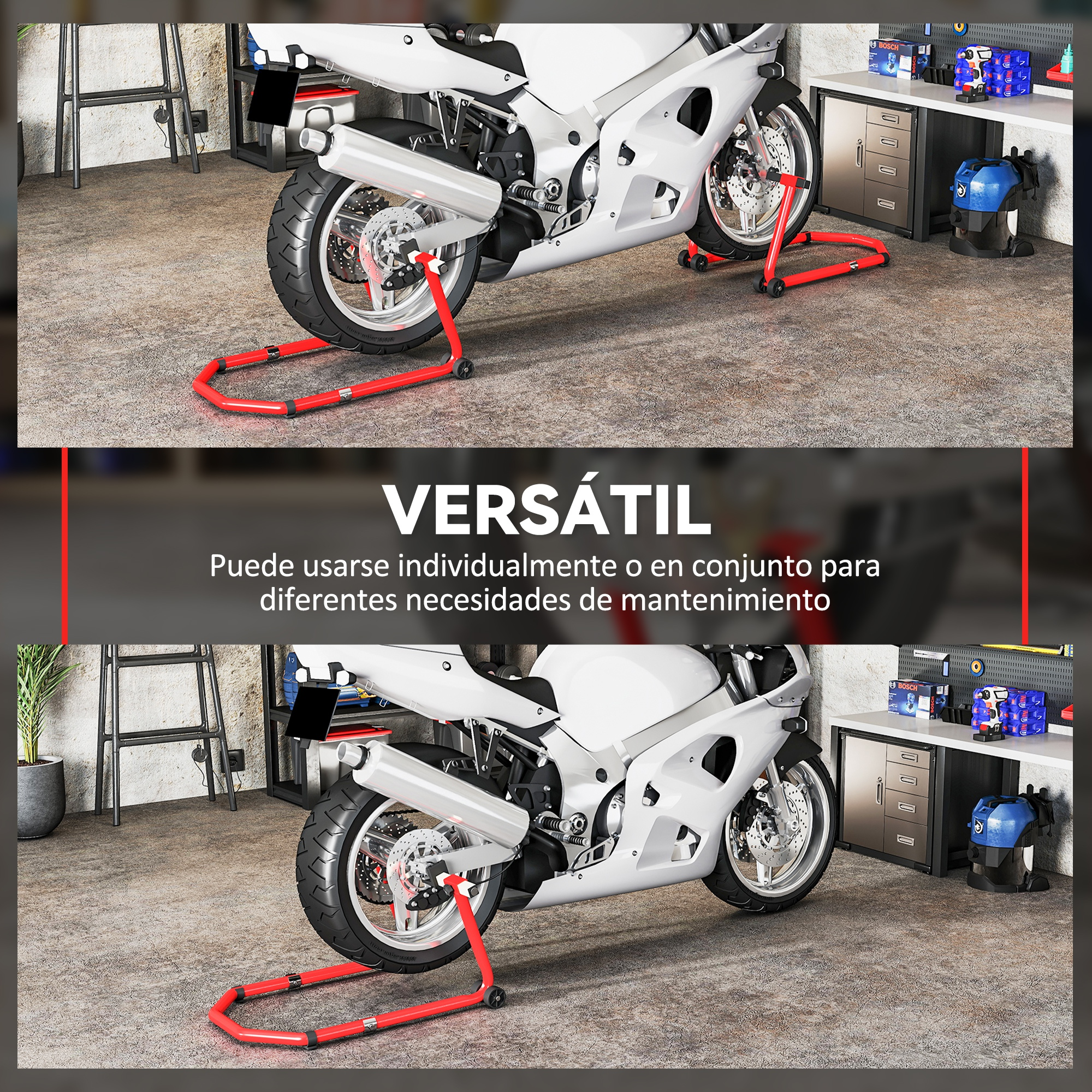 Una motocicleta blanca descansa sobre soportes rojos en un garaje con herramientas.