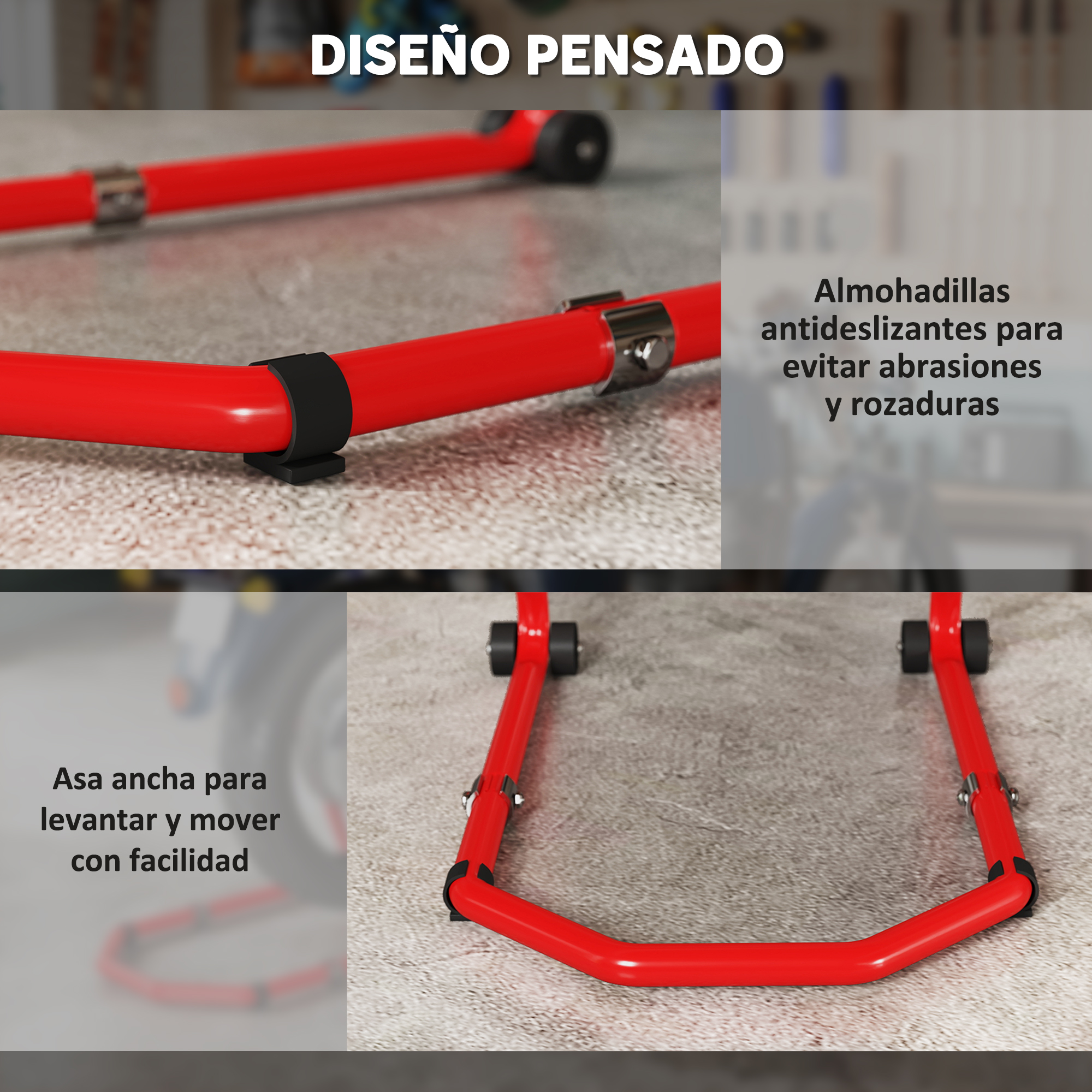 Soporte rojo para motocicleta con almohadillas antideslizantes y asa ancha.