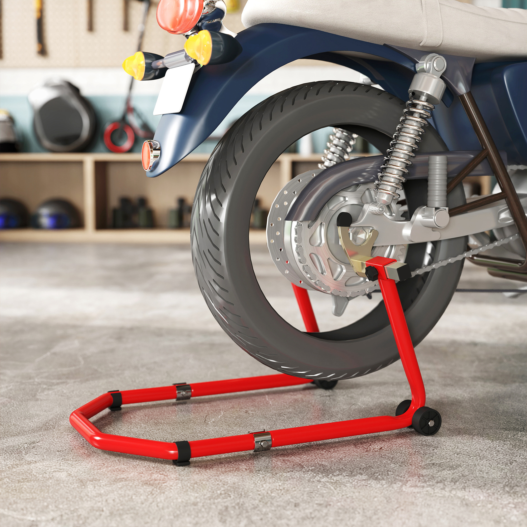 Motocicleta azul sobre soporte rojo en un garaje con herramientas.