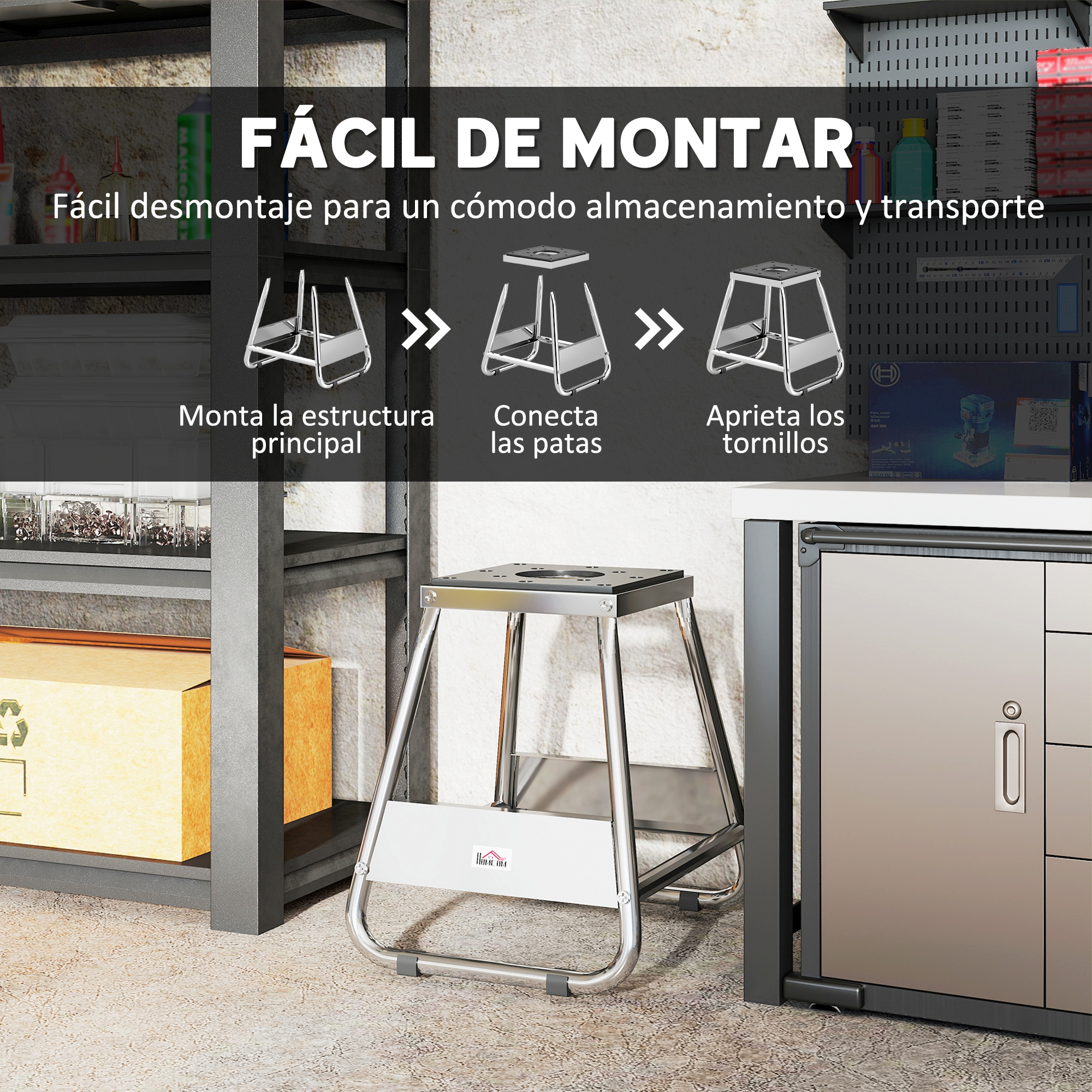 Un soporte de montaje plateado con patas que se unen.