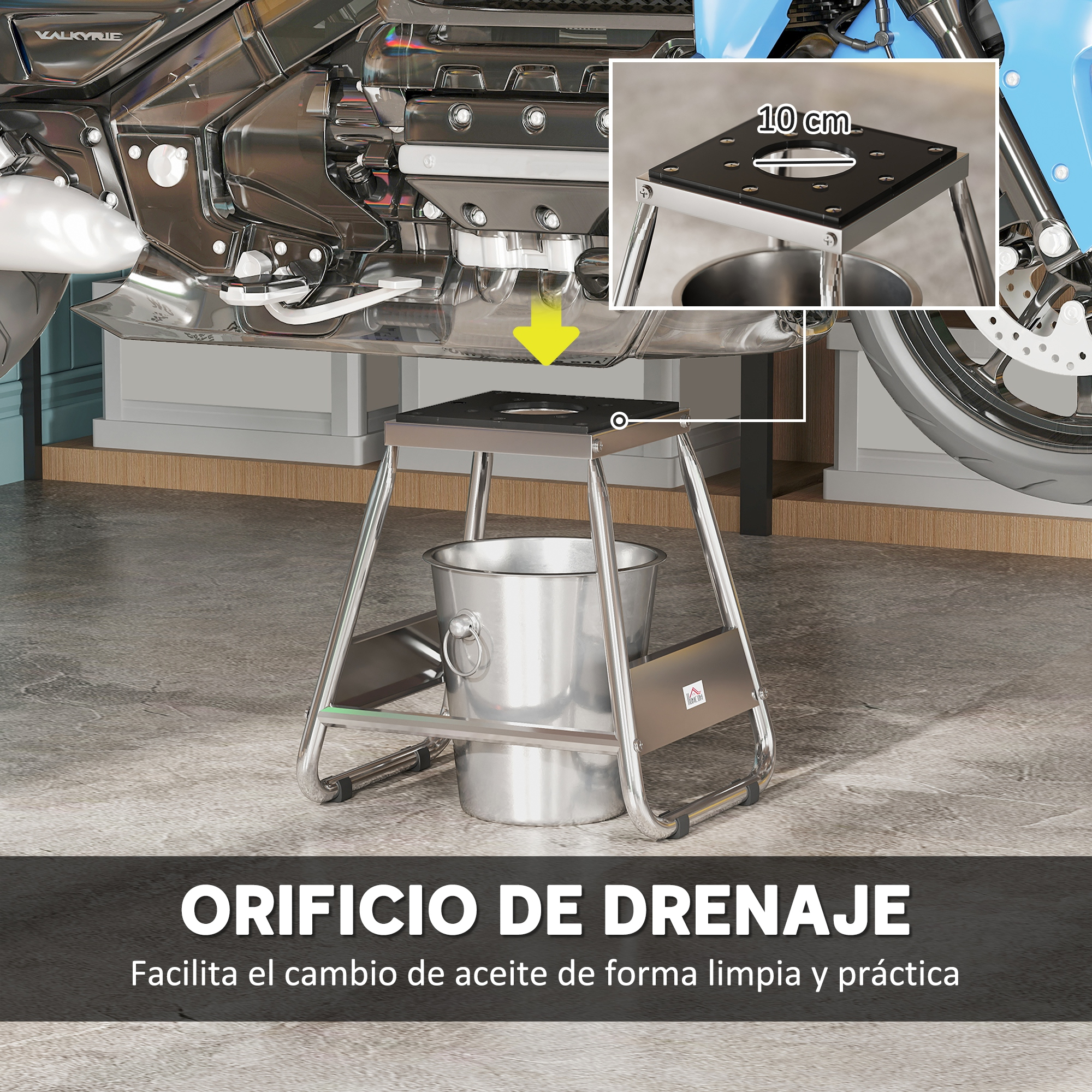 Motor de moto sobre soporte de drenaje con cubo. Primer plano del motor.