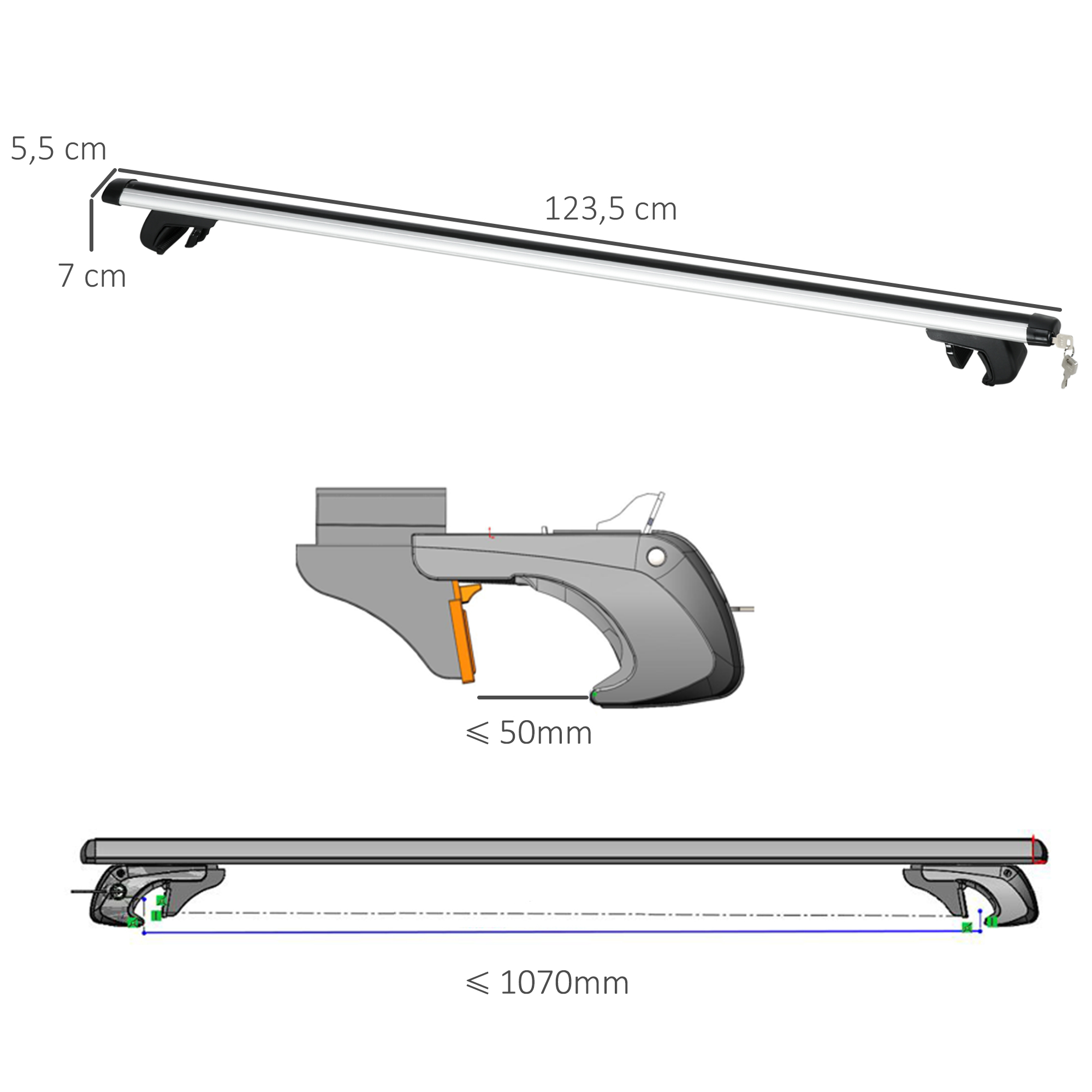 Portaequipajes plateado con medidas: 5,5 cm, 7 cm, 123,5 cm y 1070 mm.