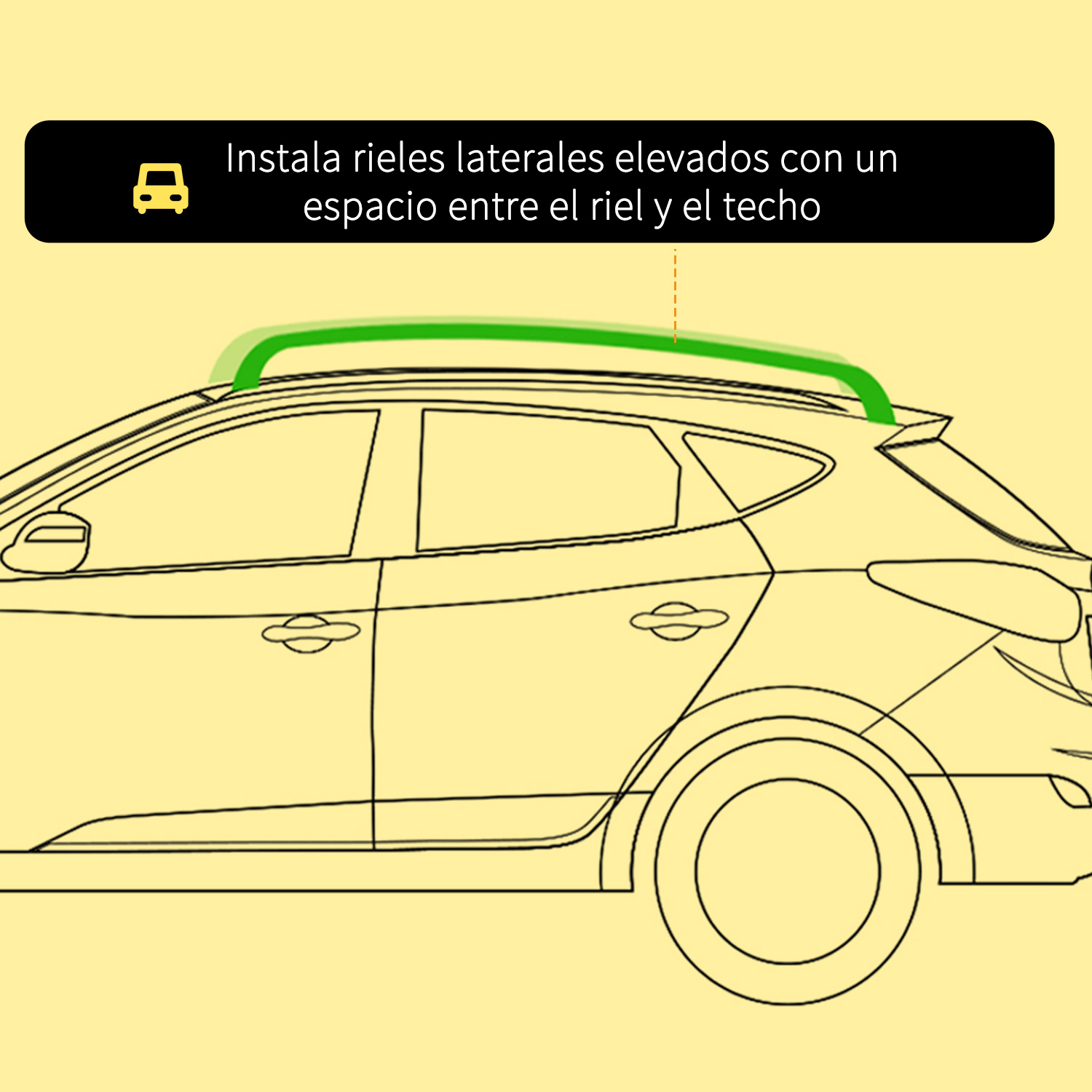 Ilustración muestra coche con barras de techo y nota de instalación.