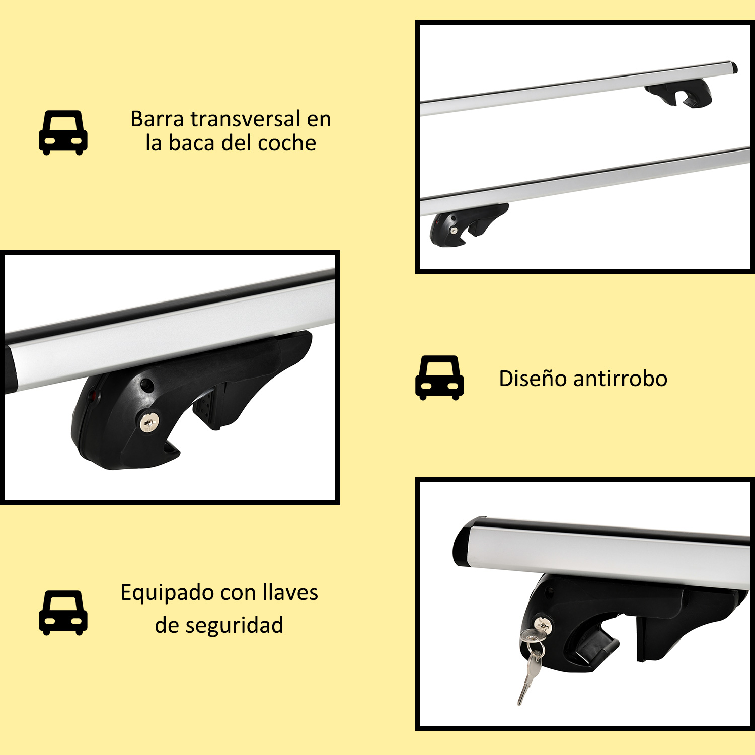 Barras de techo plateadas con soportes negros y llaves.
