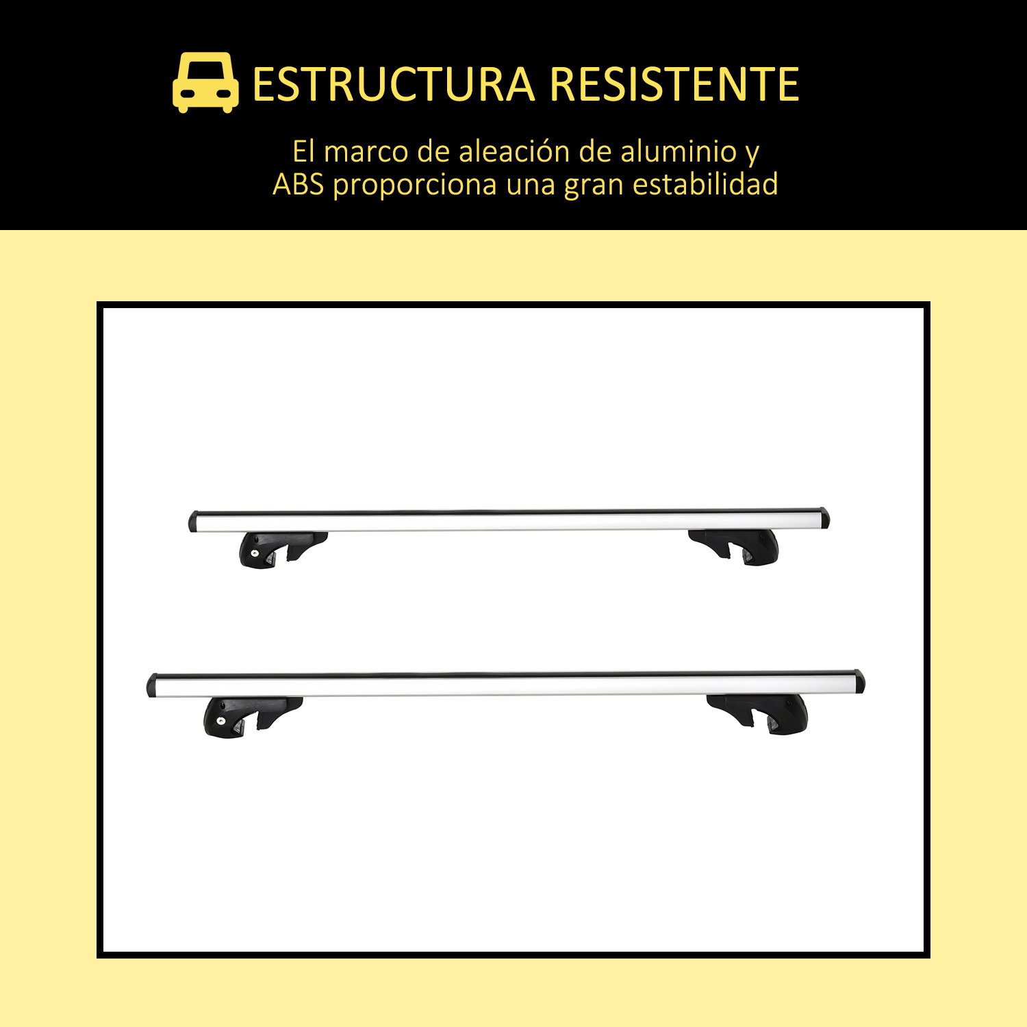 Dos barras de techo plateadas con soportes negros sobre fondo blanco.