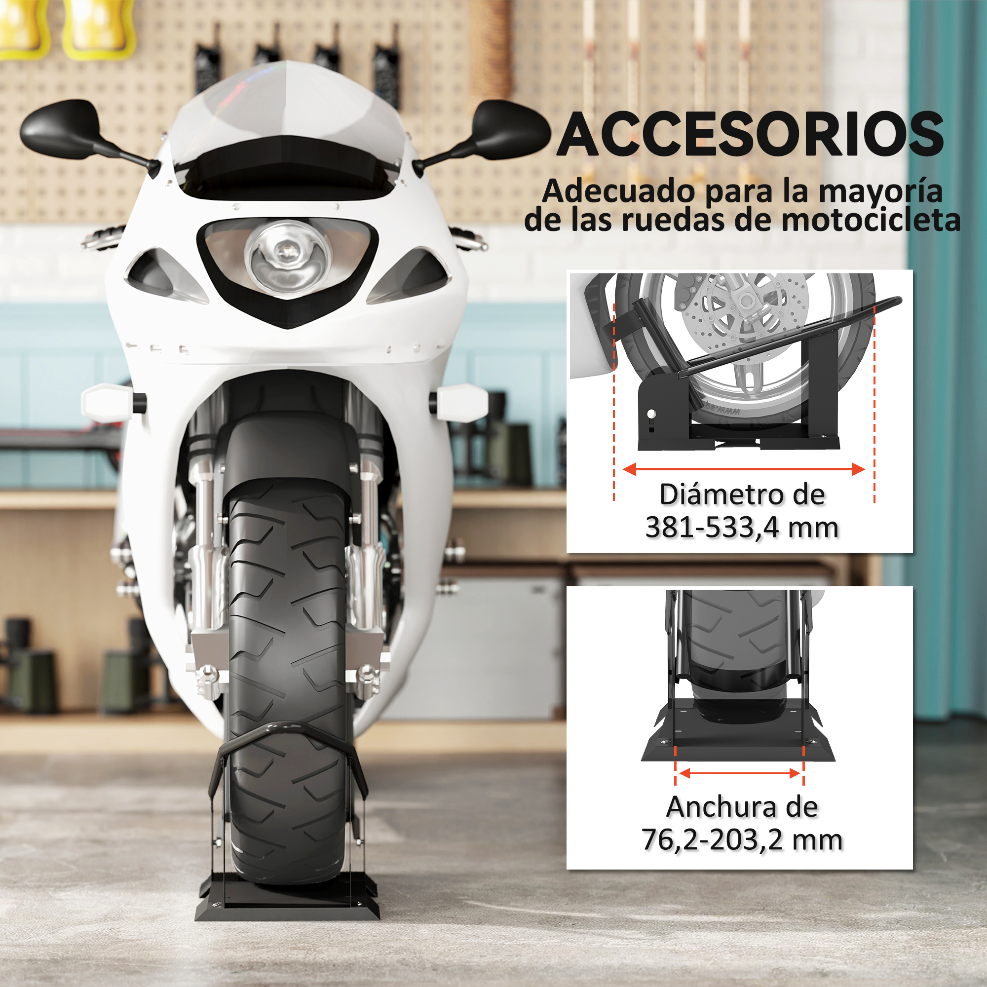 Motocicleta en soporte, accesorio para ruedas de moto.