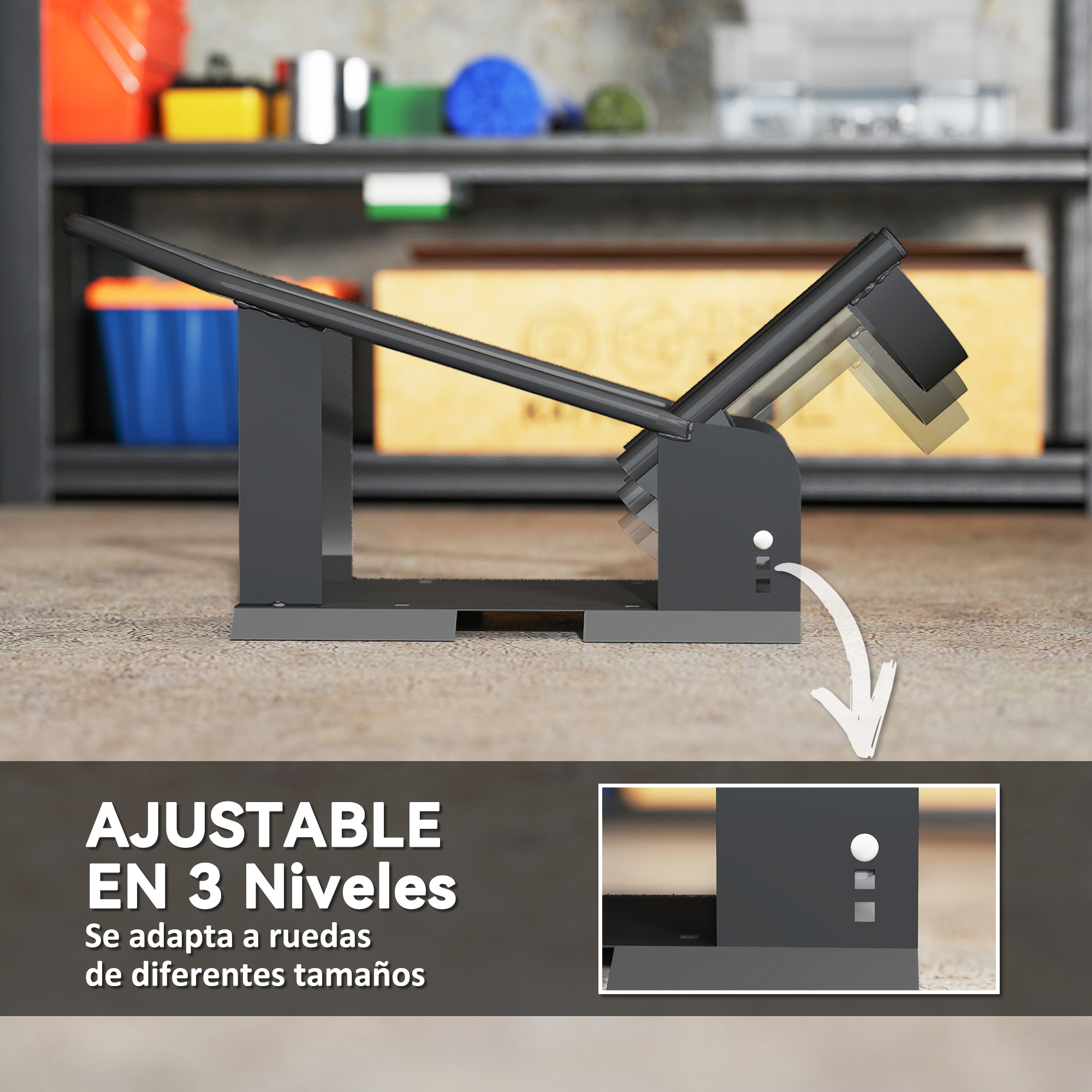 Herramienta gris de metal para levantar ruedas, ajustable.