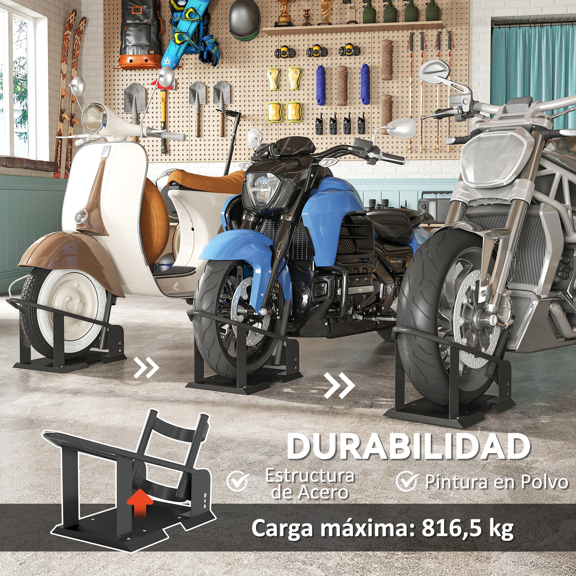 Un scooter y una moto en soportes en un garaje. Herramientas colgadas en la pared.