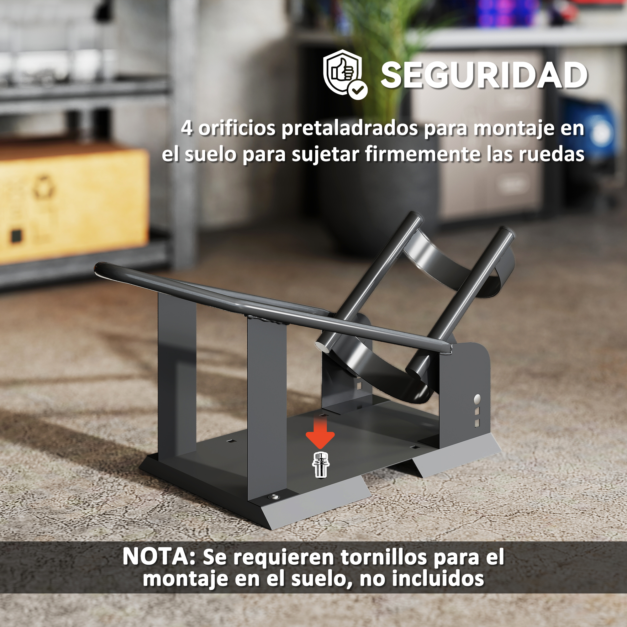 Soporte de rueda gris con 4 orificios pretaladrados para montaje en el suelo.