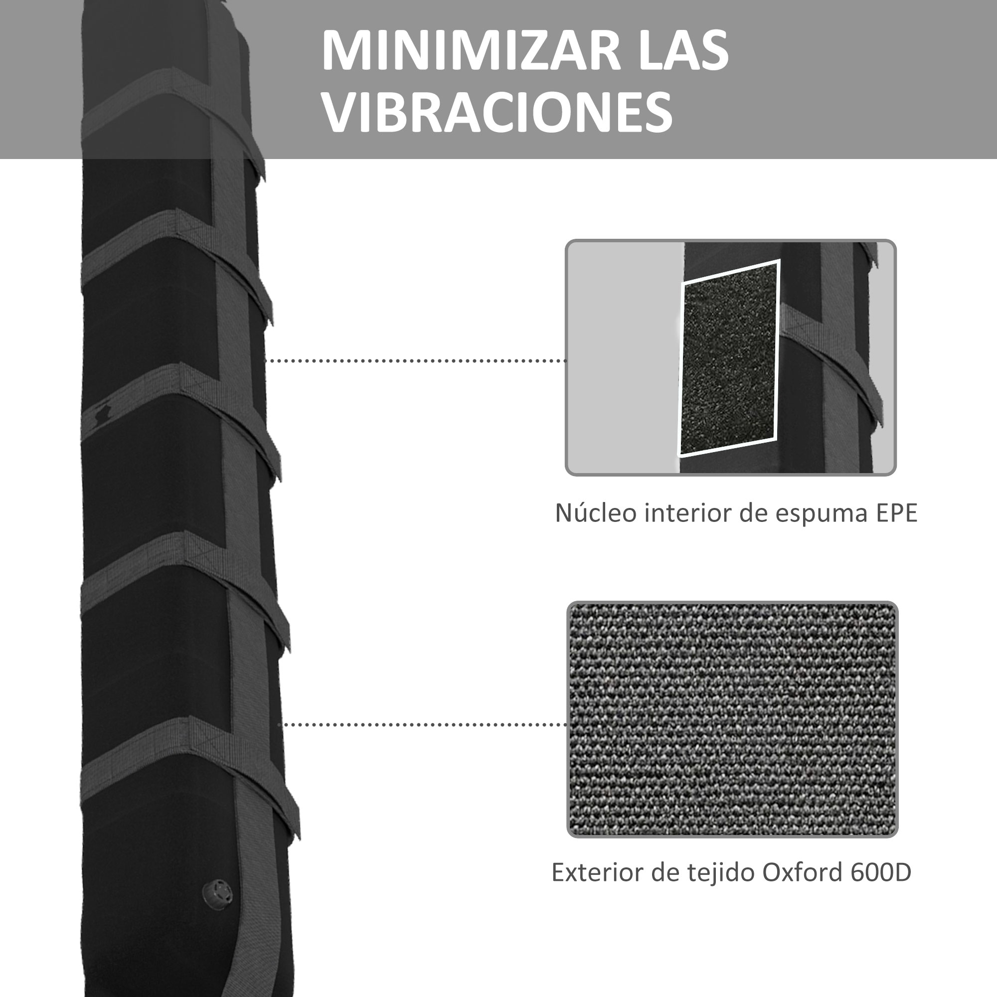 Objeto negro con correas, muestra interior de espuma EPE y exterior de tela Oxford 600D.