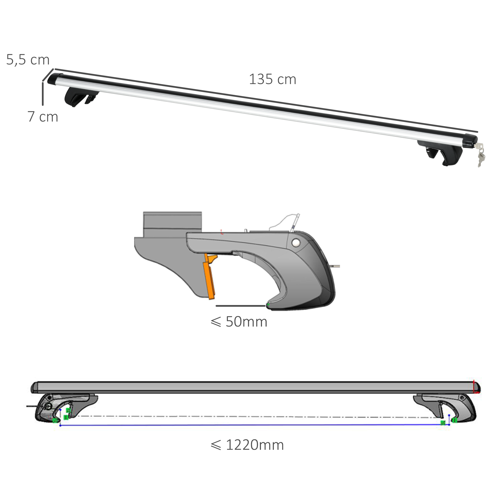 Portaequipajes plateado con medidas 5,5 cm, 7 cm, 135 cm y abrazadera de 50 mm.