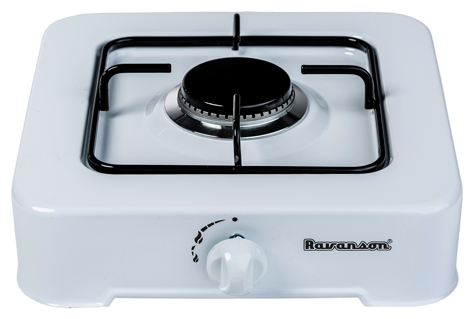 Biała kuchenka stołowa z czarnym palnikiem i pokrętłem.