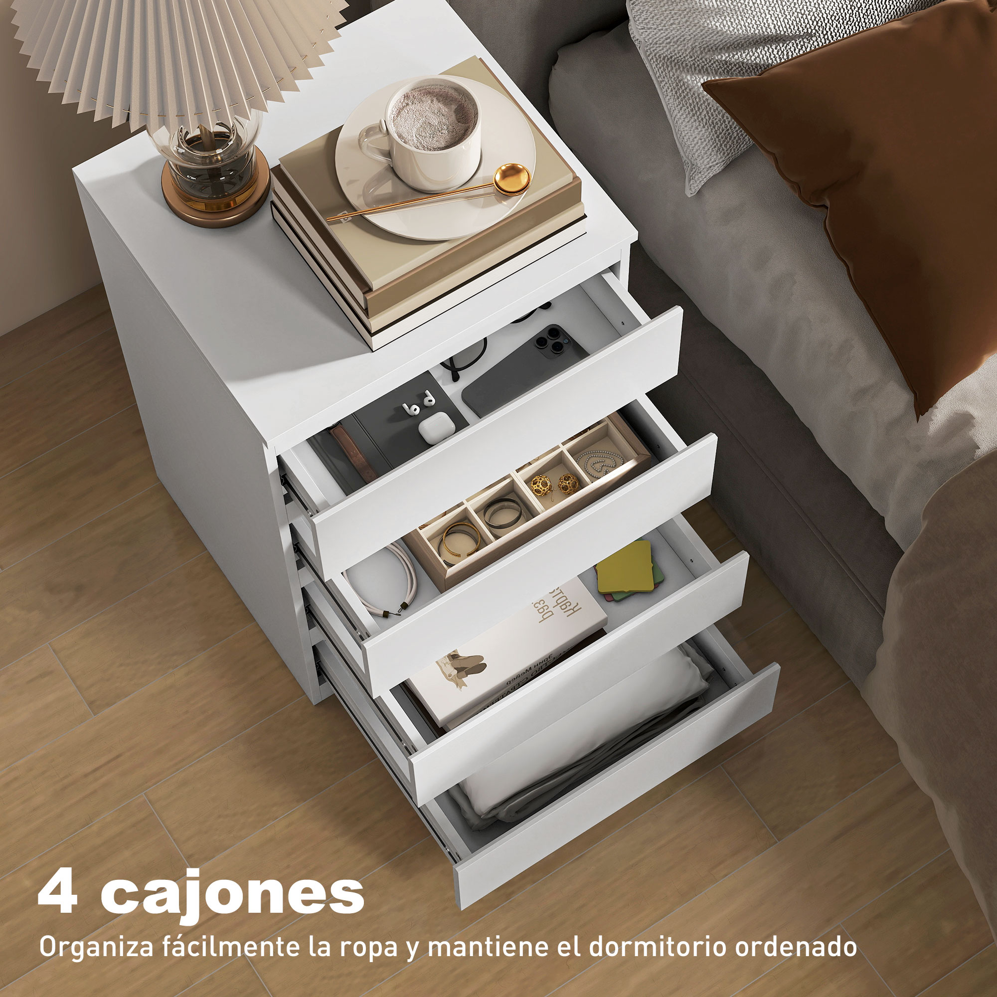 Una mesita de noche blanca con cuatro cajones abiertos llenos de objetos.