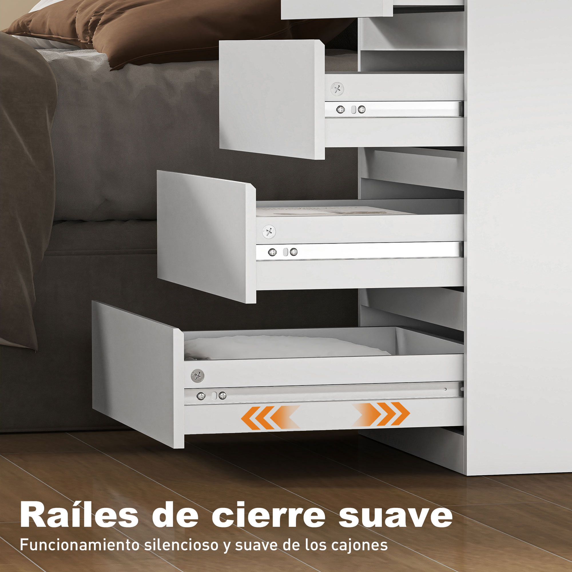 Cajones blancos con guías y flechas naranjas sobre suelo de madera.