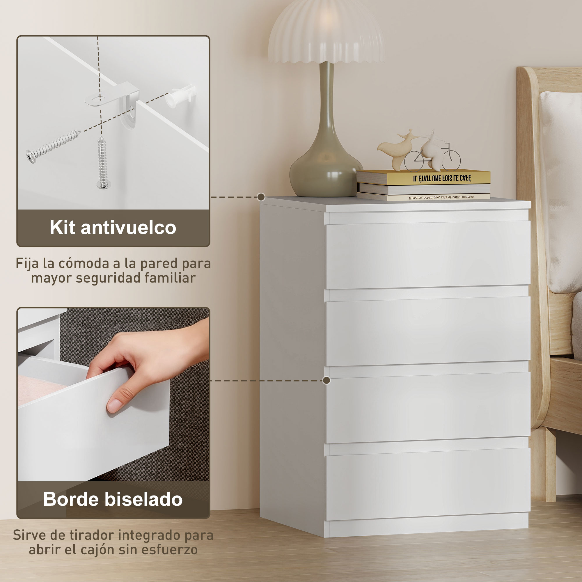 Cómoda blanca de cuatro cajones con lámpara y libros encima.