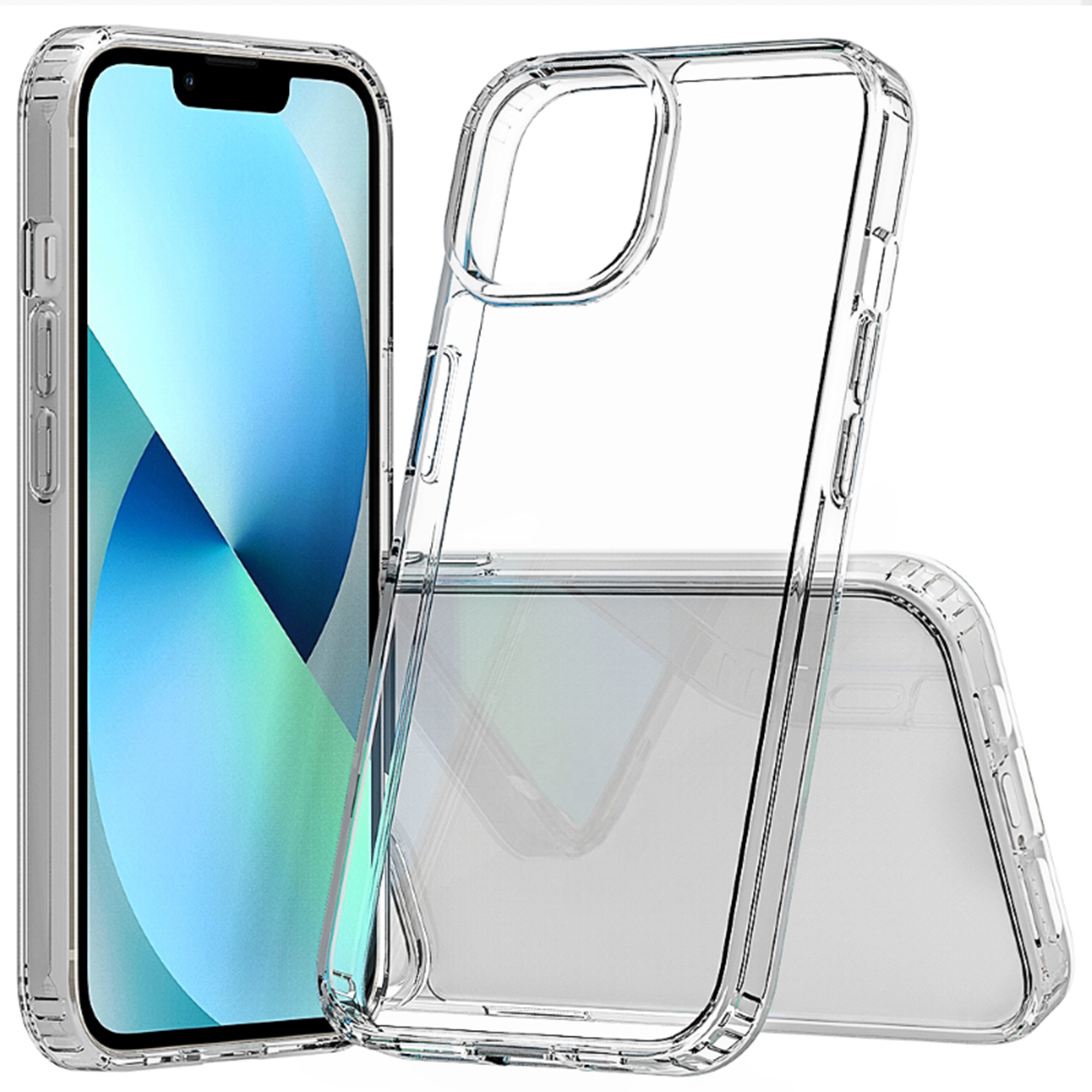Una custodia trasparente per telefono accanto a uno smartphone con schermo blu e verde.