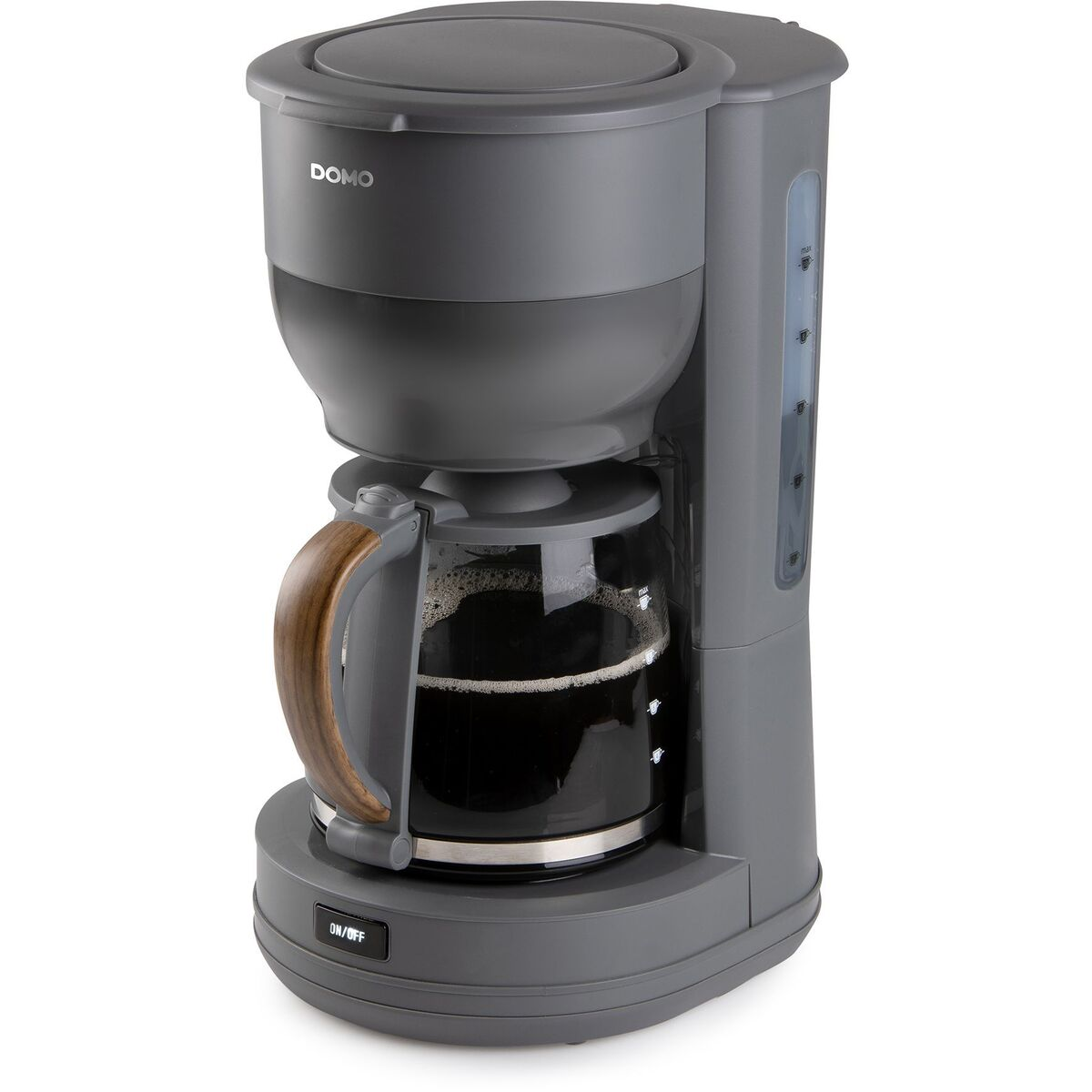 Graue DOMO Kaffeemaschine mit Glaskanne, Holzgriff und Brühkaffee.