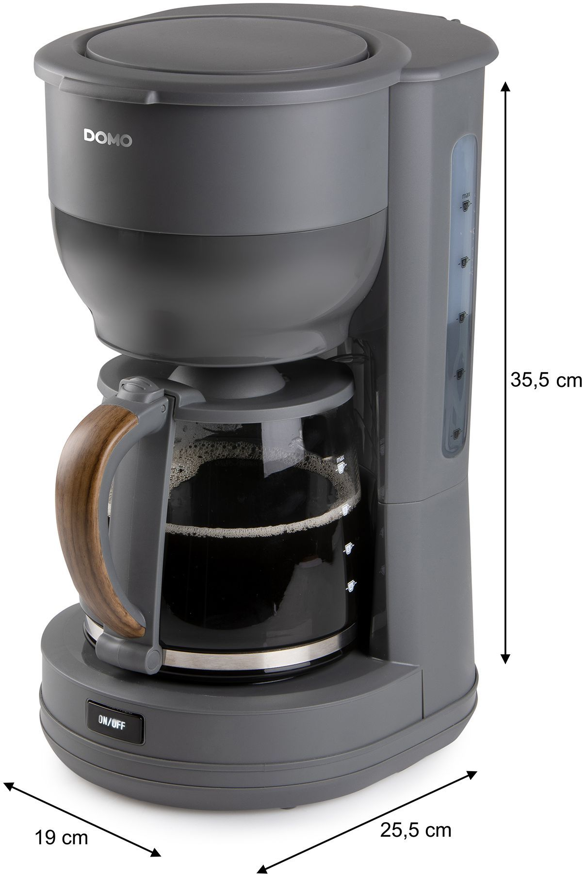 Graue Domo Kaffeemaschine mit Glaskanne, gefüllt mit Kaffee. Maße angegeben.