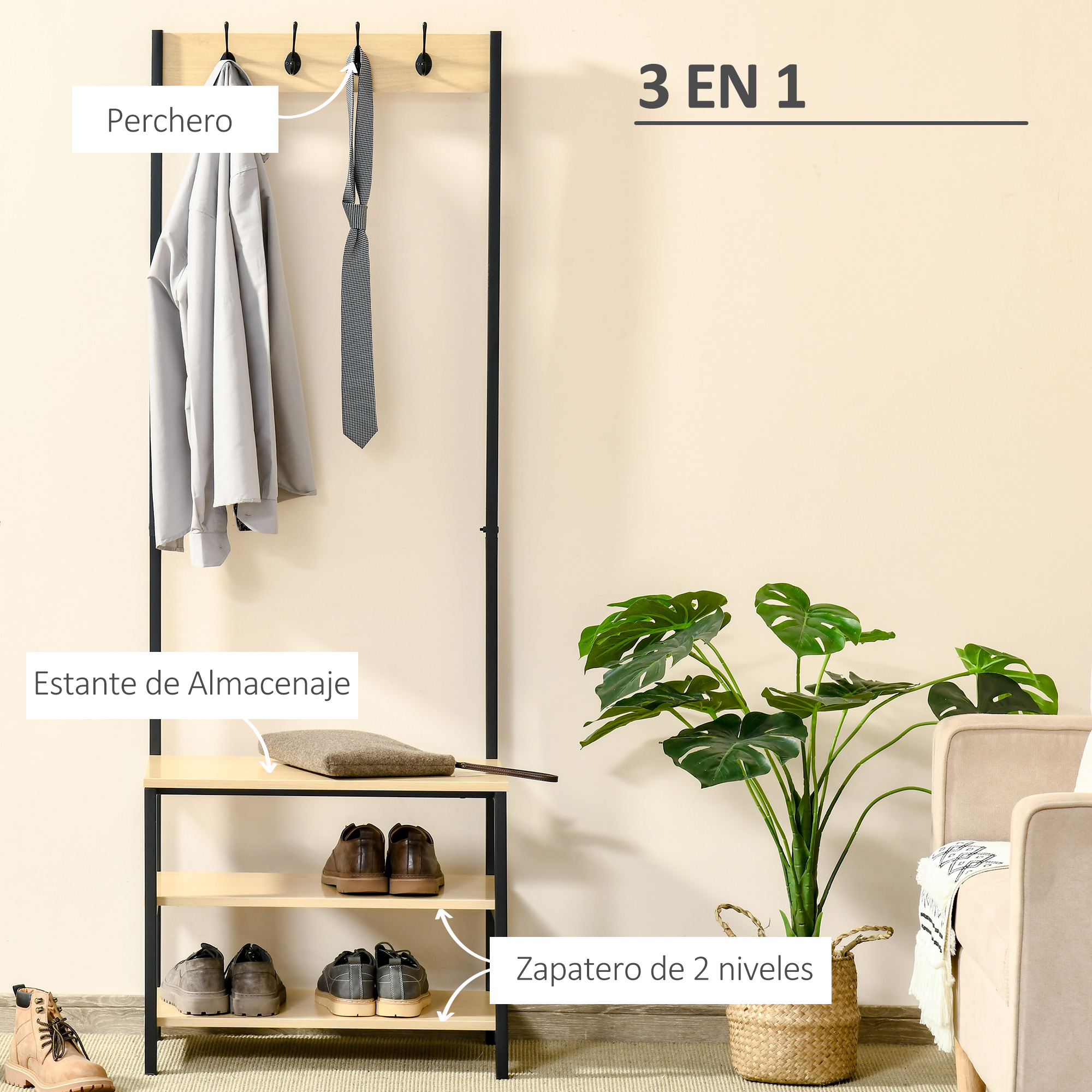 Un perchero con abrigo, corbata, zapatos y planta.