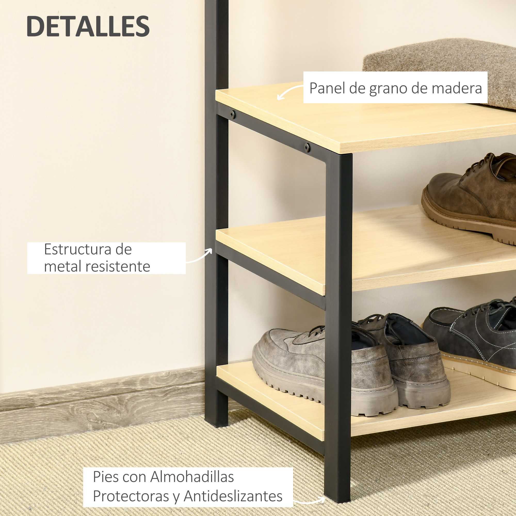 Zapatero con estantes de madera, marco de metal y pies protectores.