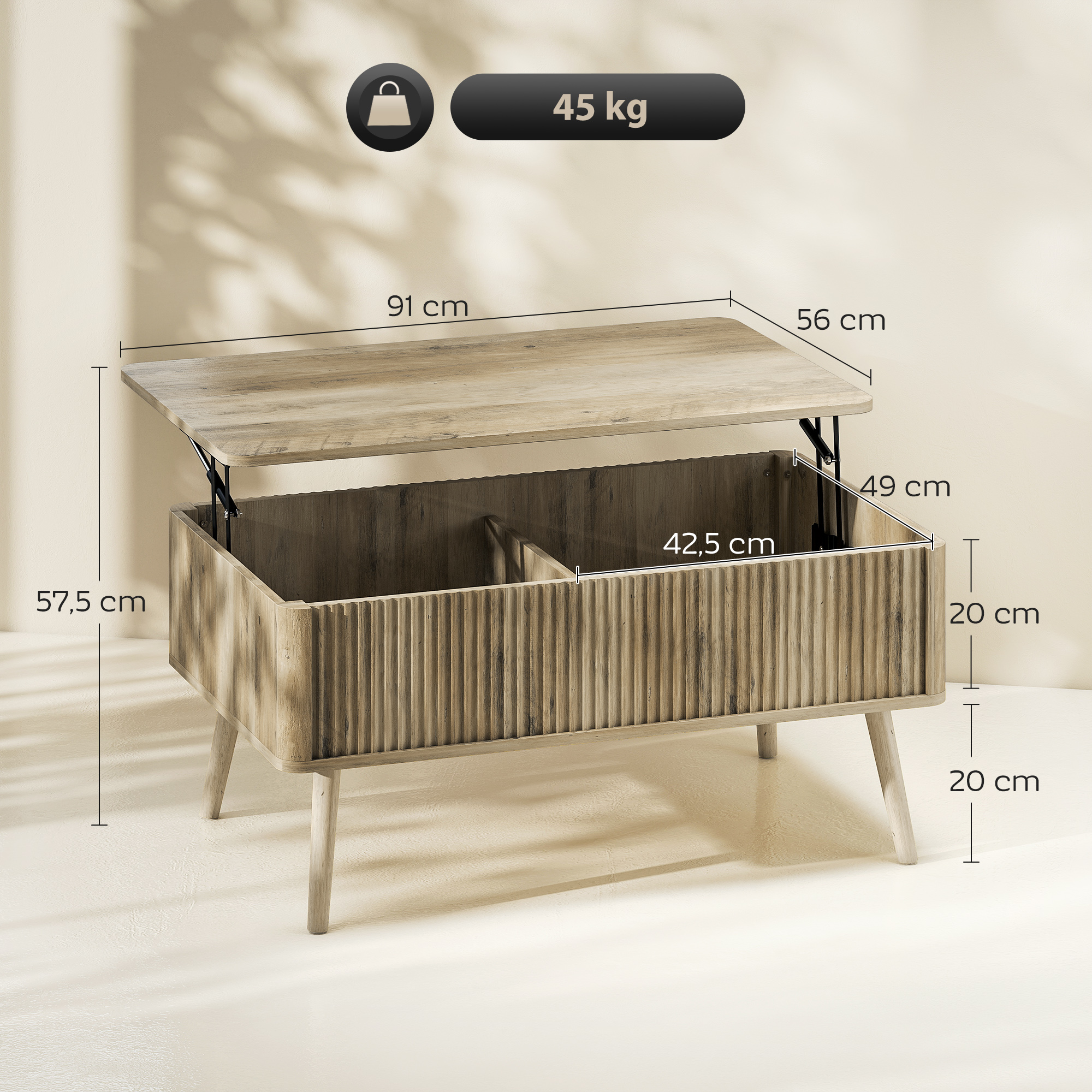 Mesa de centro de madera con tapa elevable y almacenaje. Dimensiones: 91x56x49cm.