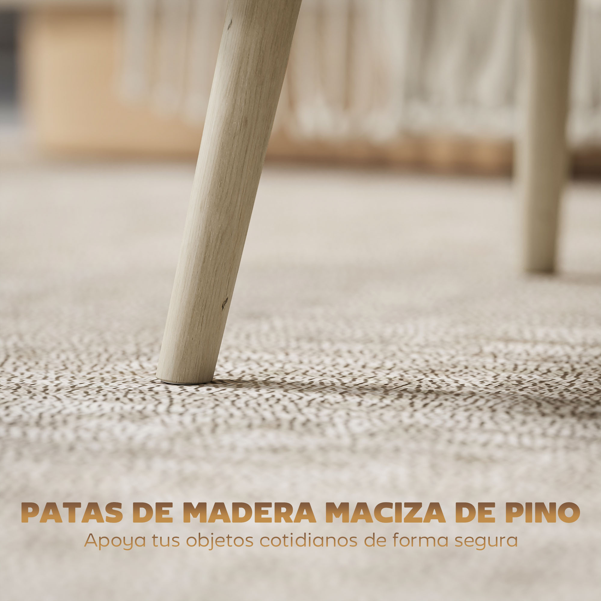 Patas de madera sobre alfombra. Sombras caen sobre la textura.