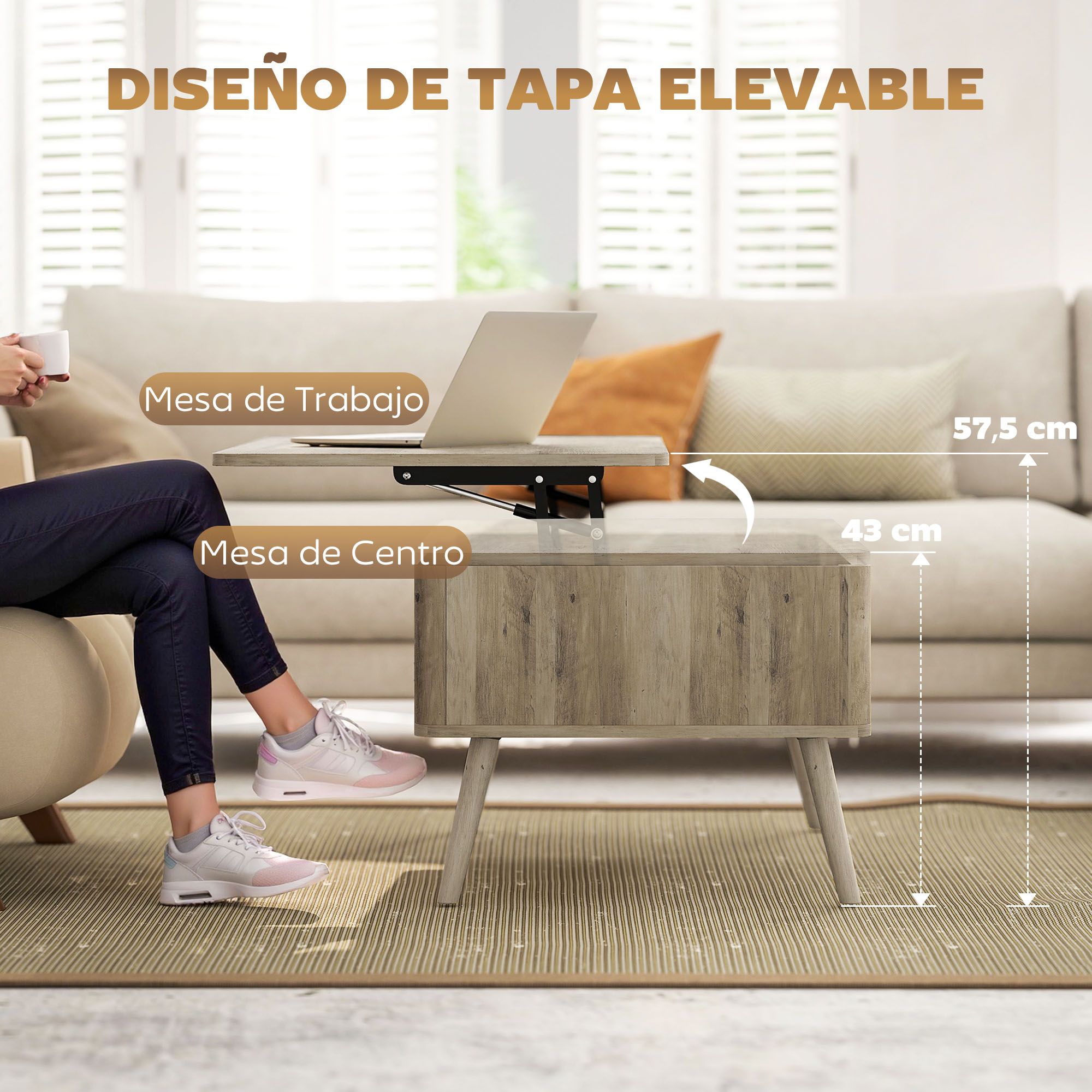 Una mesa de centro elevable con portátil en una sala.