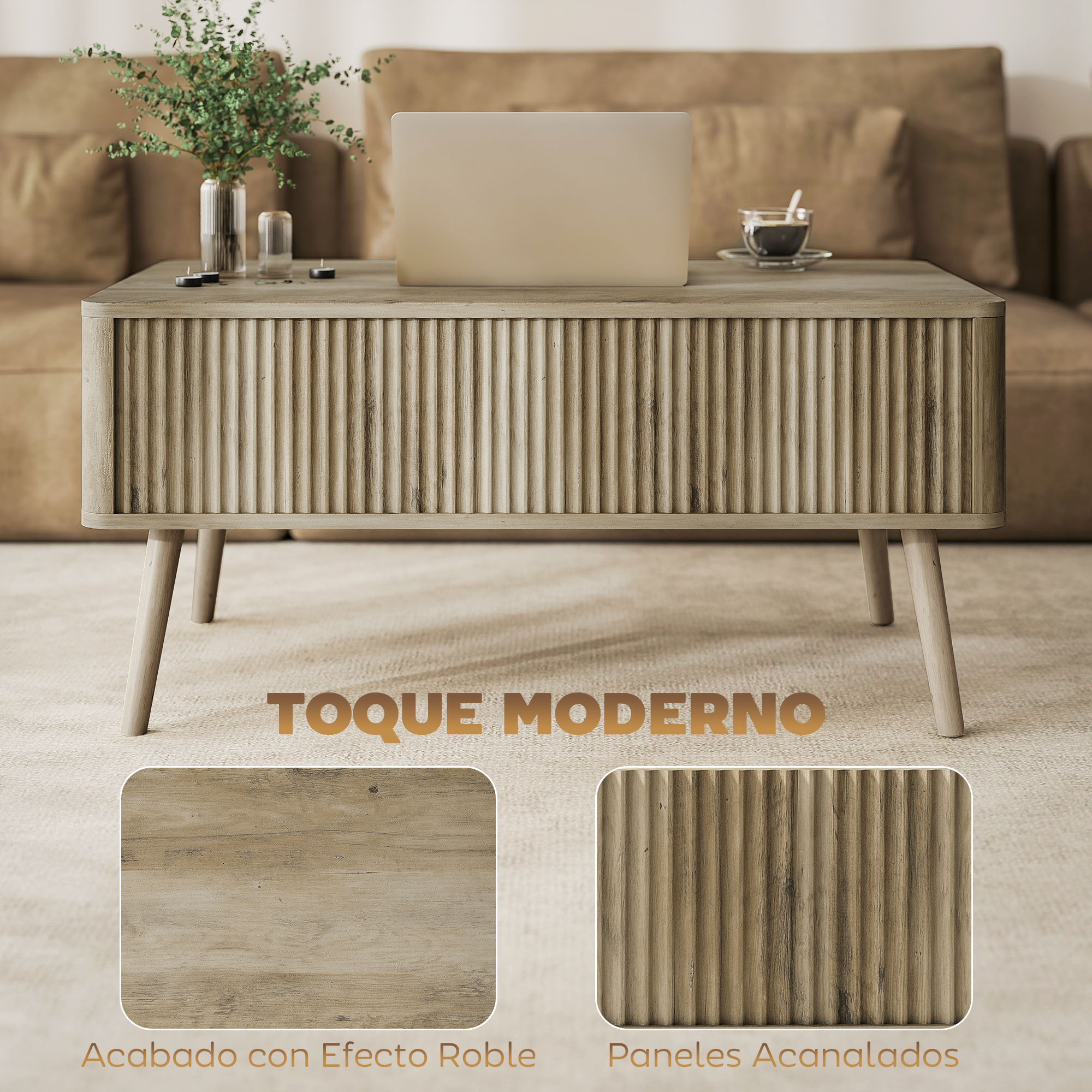 Una mesa moderna de madera con frente acanalado, laptop, jarrón y velas.
