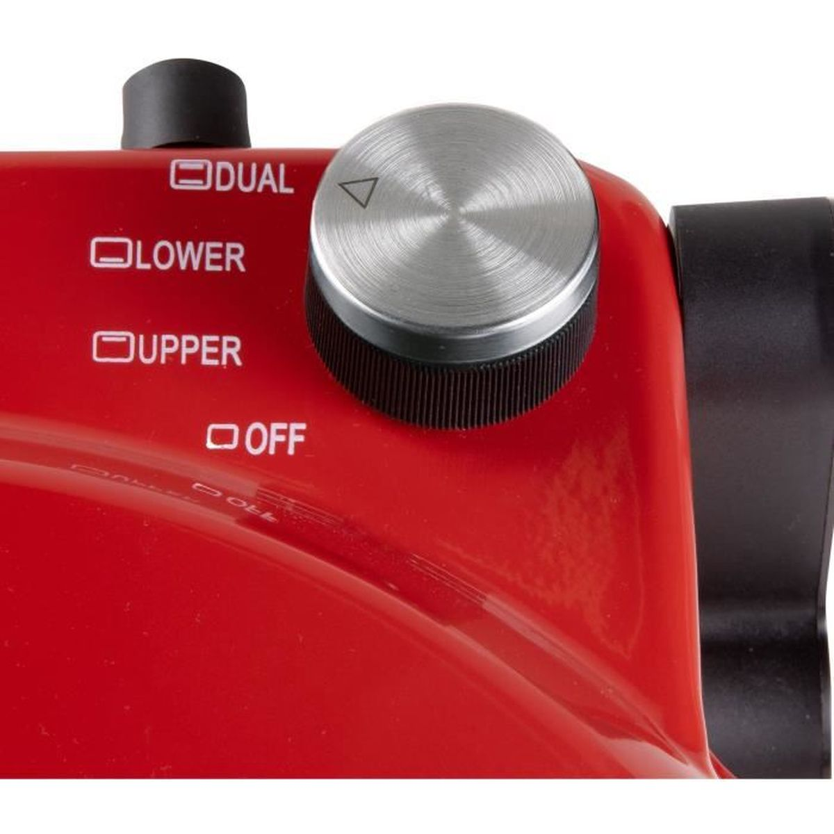 Appareil rouge avec molette et commandes : Dual, Lower, Upper, Off.