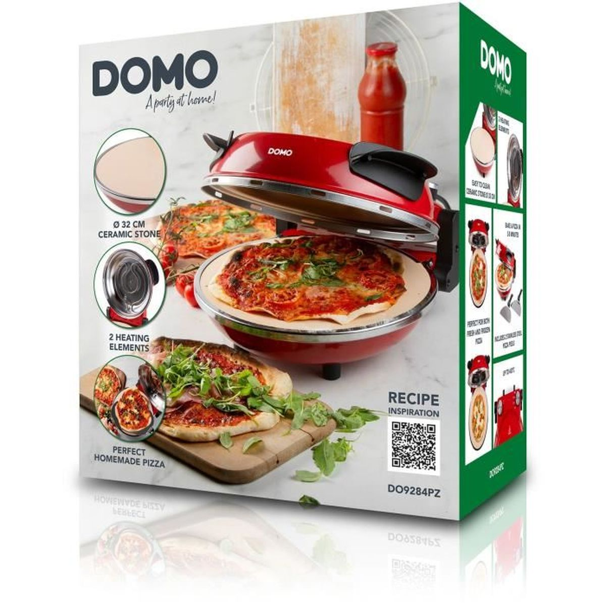 Emballage rouge de four à pizza DOMO montrant deux pizzas, une pierre céramique et des éléments chauffants.