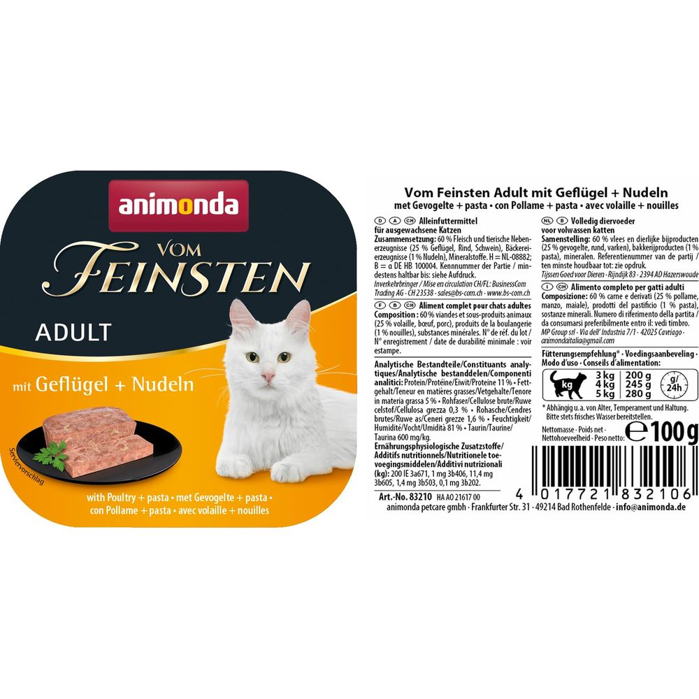 Animonda Feinsten Adult karma dla kota z drobiem i makaronem, z białą kotką.