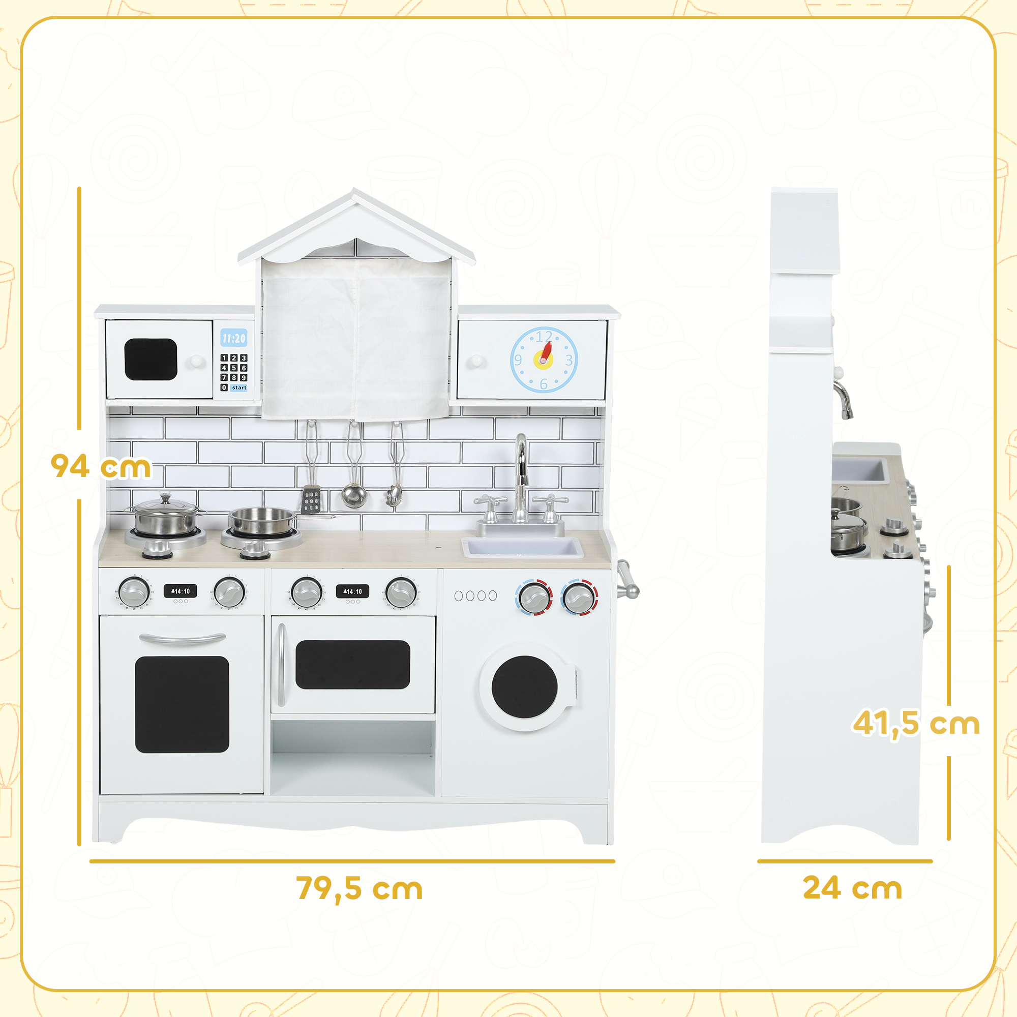 Cocina de juguete blanca con microondas, reloj, fregadero, estufa, lavadora y hornos.