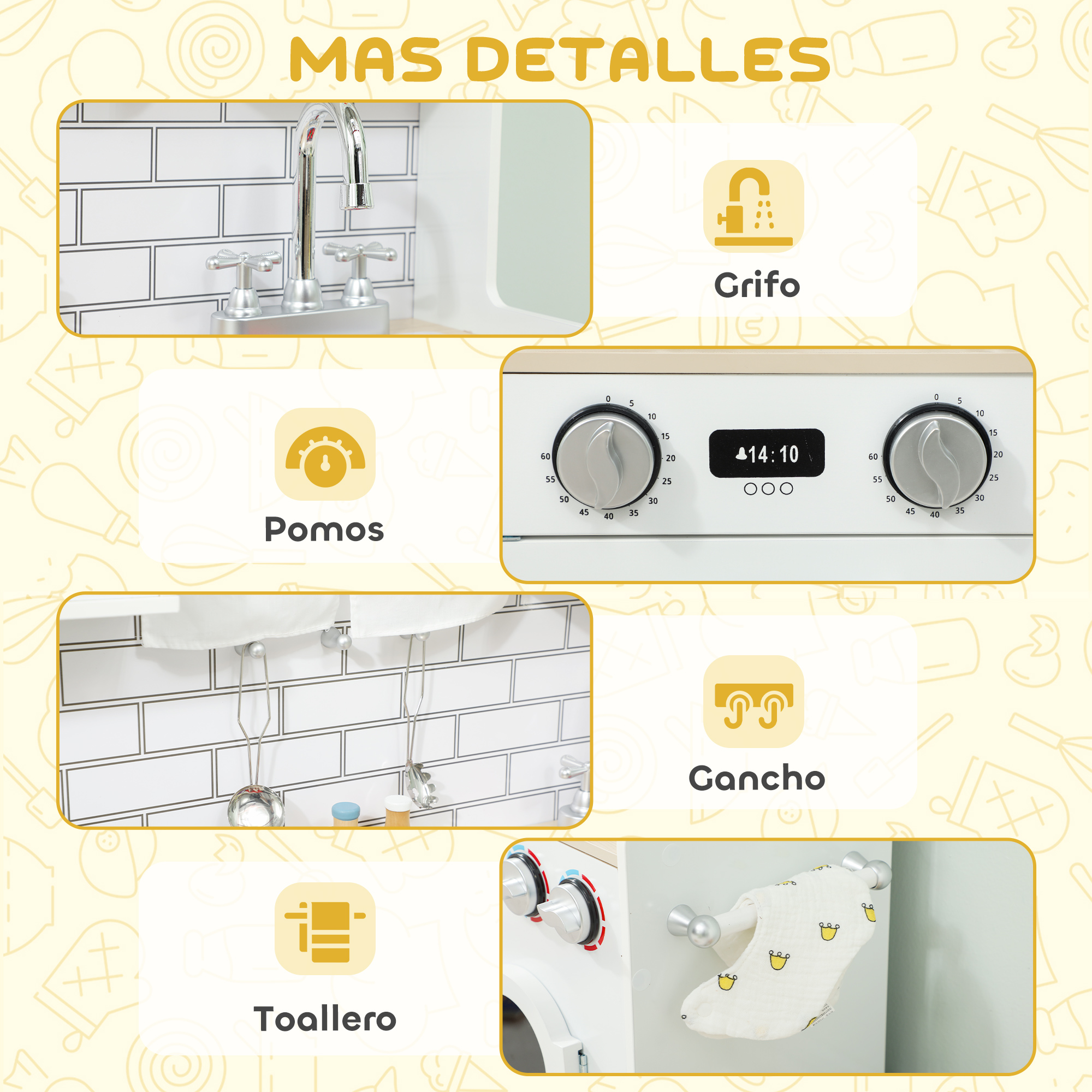 Detalle de cocina de juguete: grifo, pomos, lavadora y ganchos.