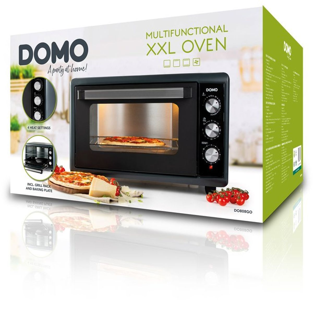 Four multifonction XXL DOMO avec pizza, fromage et tomates cerises sur emballage.