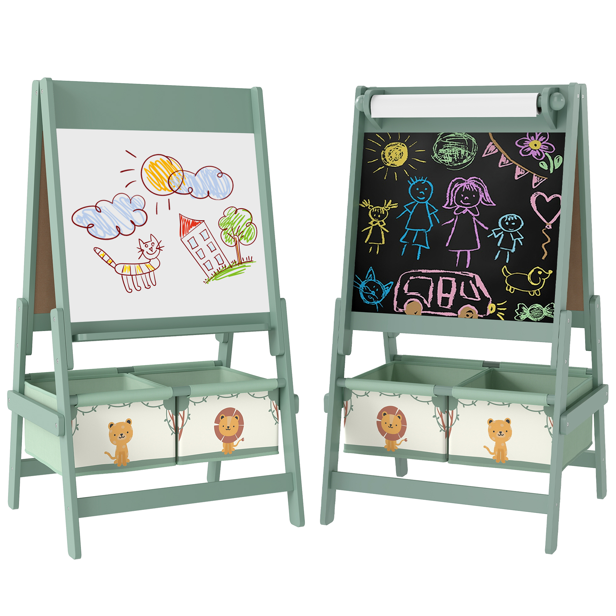Cavalletti con lavagna e lavagna bianca, disegni per bambini, contenitori con motivo di leone.