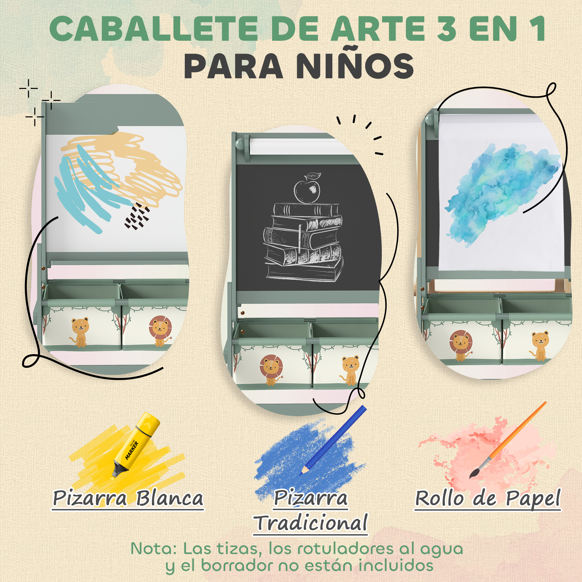 Caballete de arte 3 en 1 para niños con pizarra, pizarra blanca y rollo.