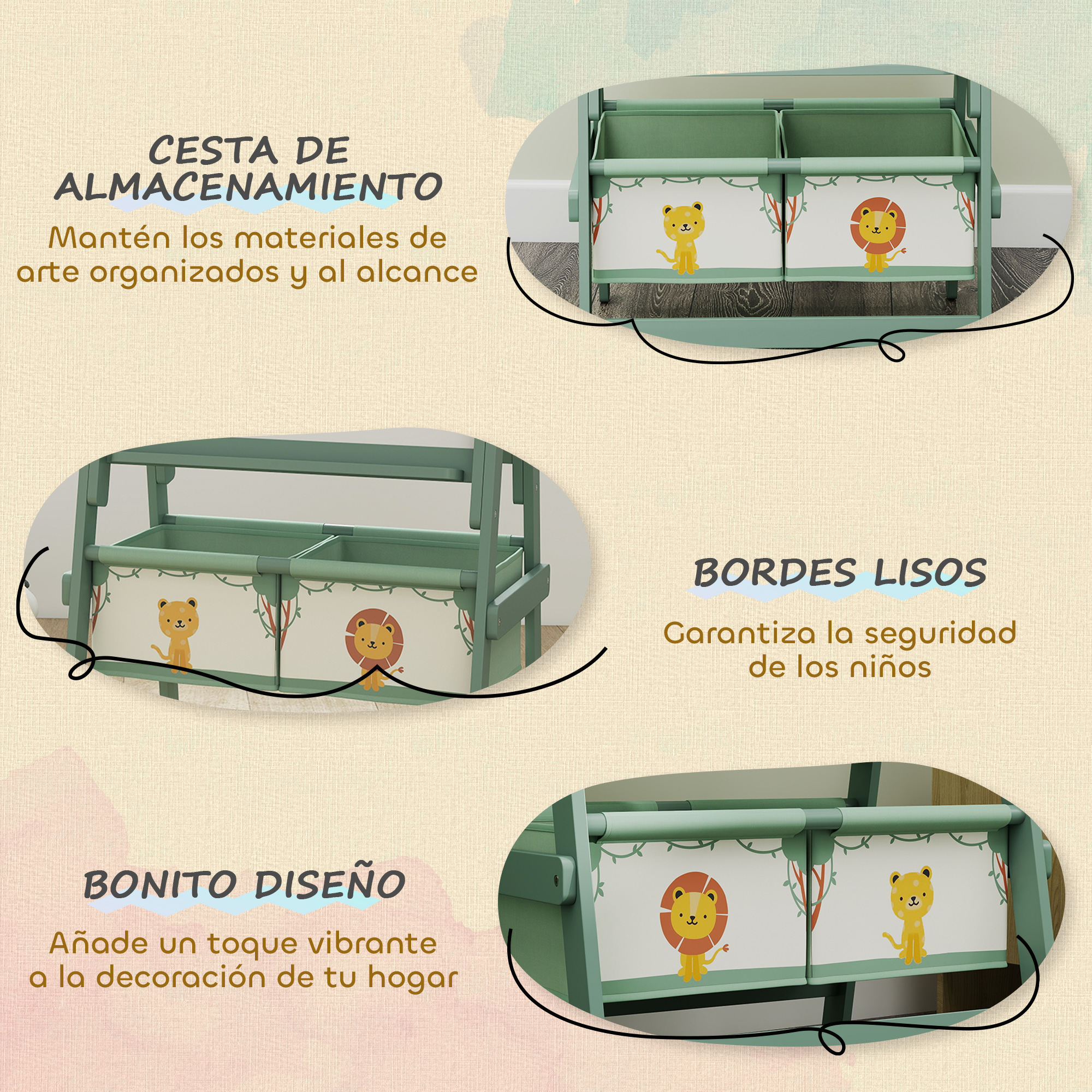 Estantería verde con cubos de tela que muestran leones y leopardos.