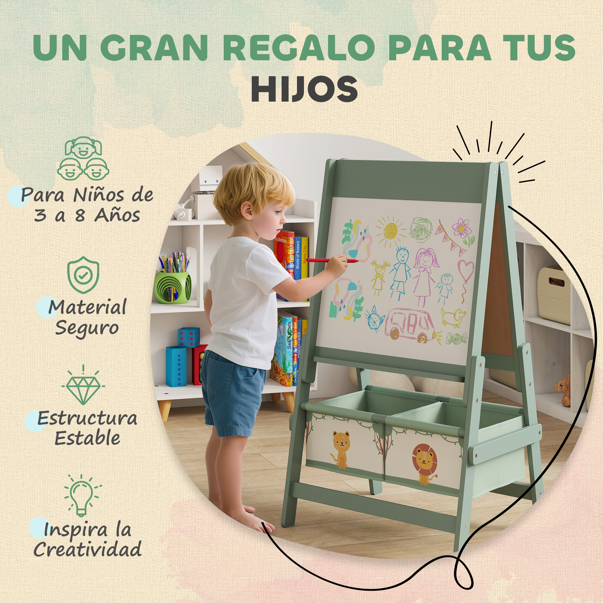 Un niño pequeño dibuja en un caballete, con juguetes y libros al fondo.